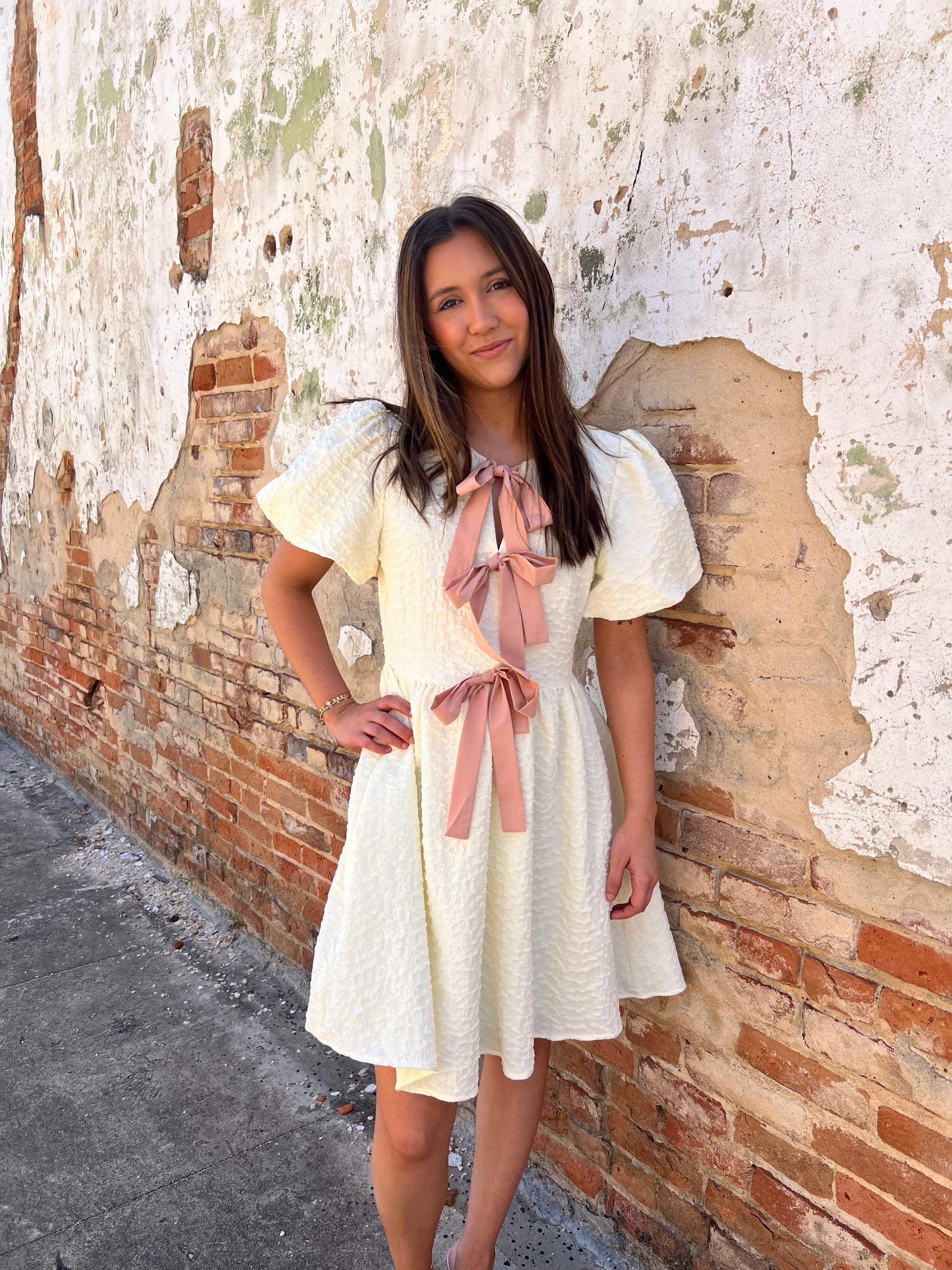 Bianca Bubble Textured Bow Tie Front Dress with Bubble Sleeves - Cream-Dress-idem ditto-1st md,BIN A 3,DJR,FD 05/13/25-The Twisted Chandelier