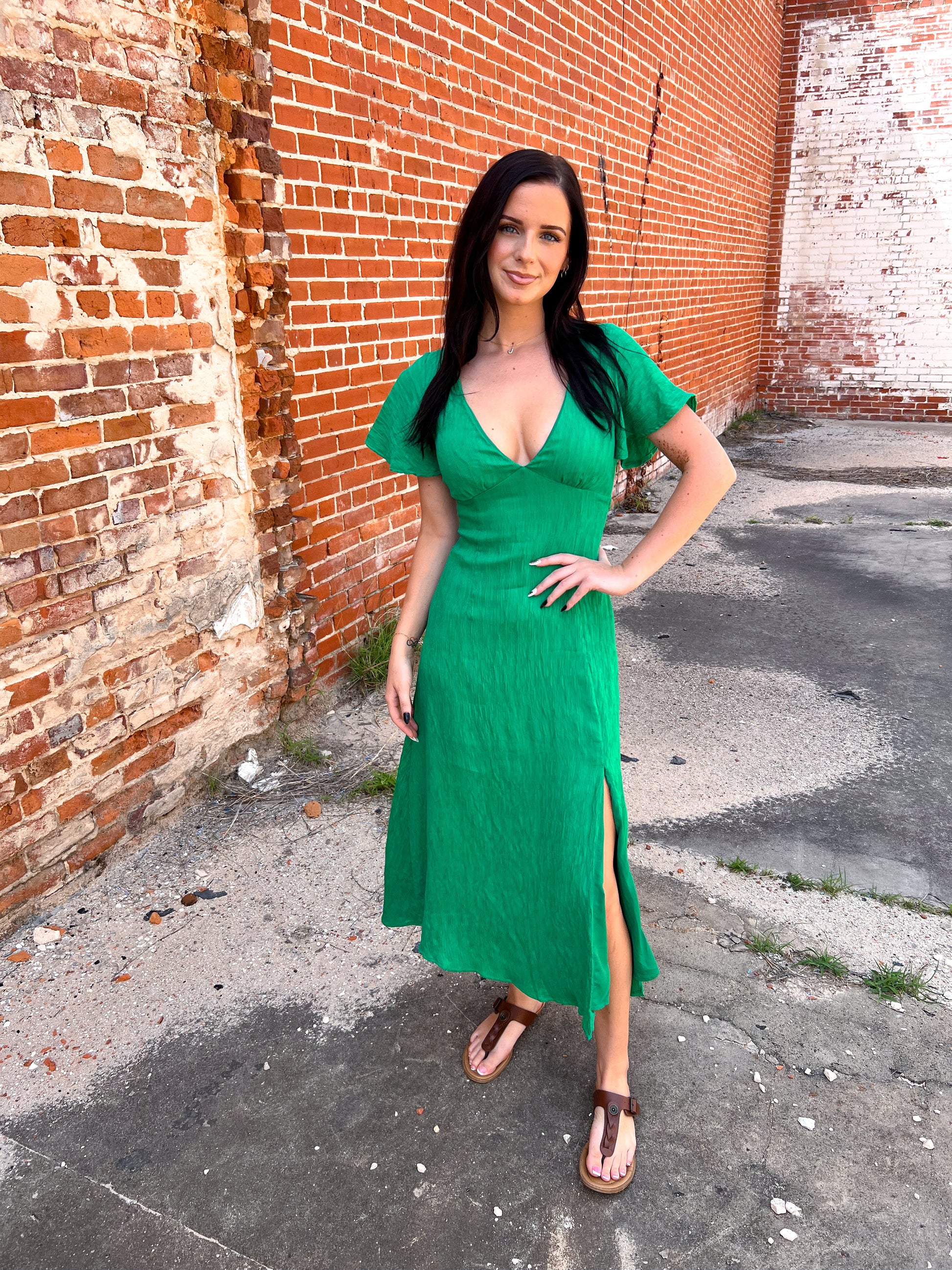 Viviana Long Green V-Neck Dress-Dresses-B. right-12/02/24,1st md,BIN A 3,CLD311097,DJR,Fd 05/21/24-The Twisted Chandelier