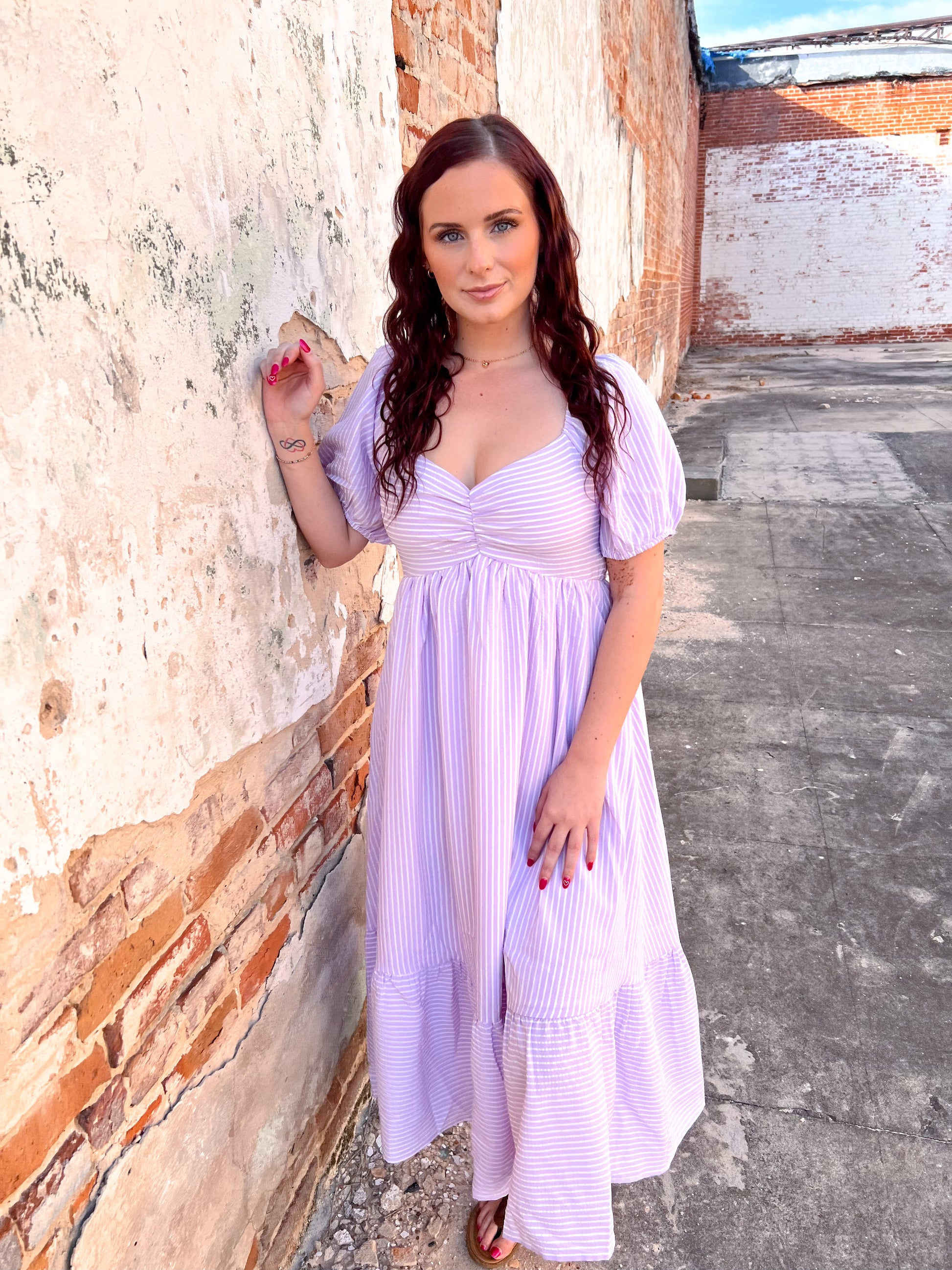 Emily Sweetheart Neck Striped Midi Dress With Smocked Back - Lavender-Dresses-in february-05/14/25,1st md,BIN D3,DJR,dress,FD 03/18/25,OGP 69.99-The Twisted Chandelier