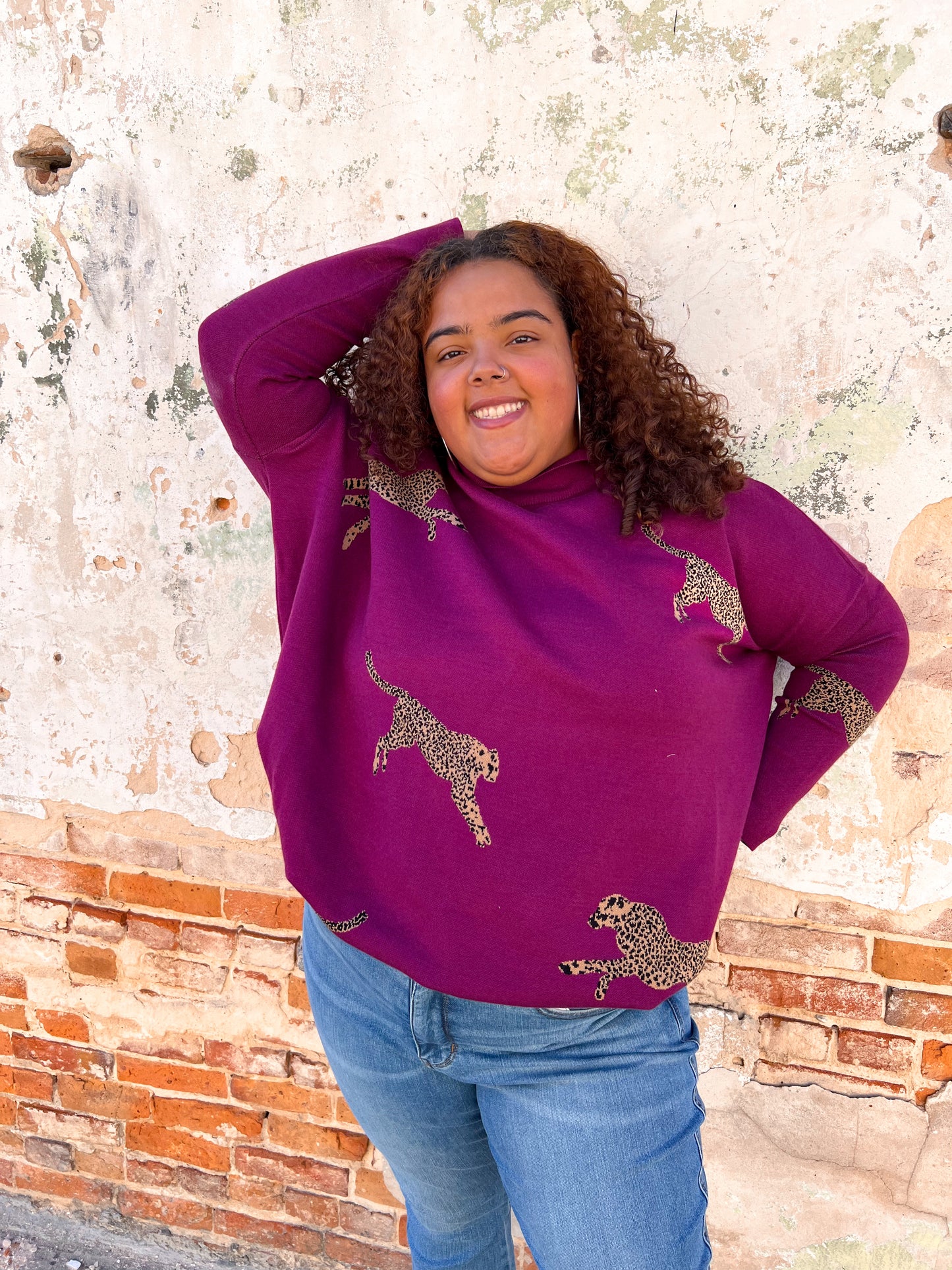 Annie Cheetah Print Mock Neck long Sleeve Sweater Top - Plus-Sweater-Entro-Bin B4,Max Retail,not on the floor only in the bins,Tops Collection-The Twisted Chandelier