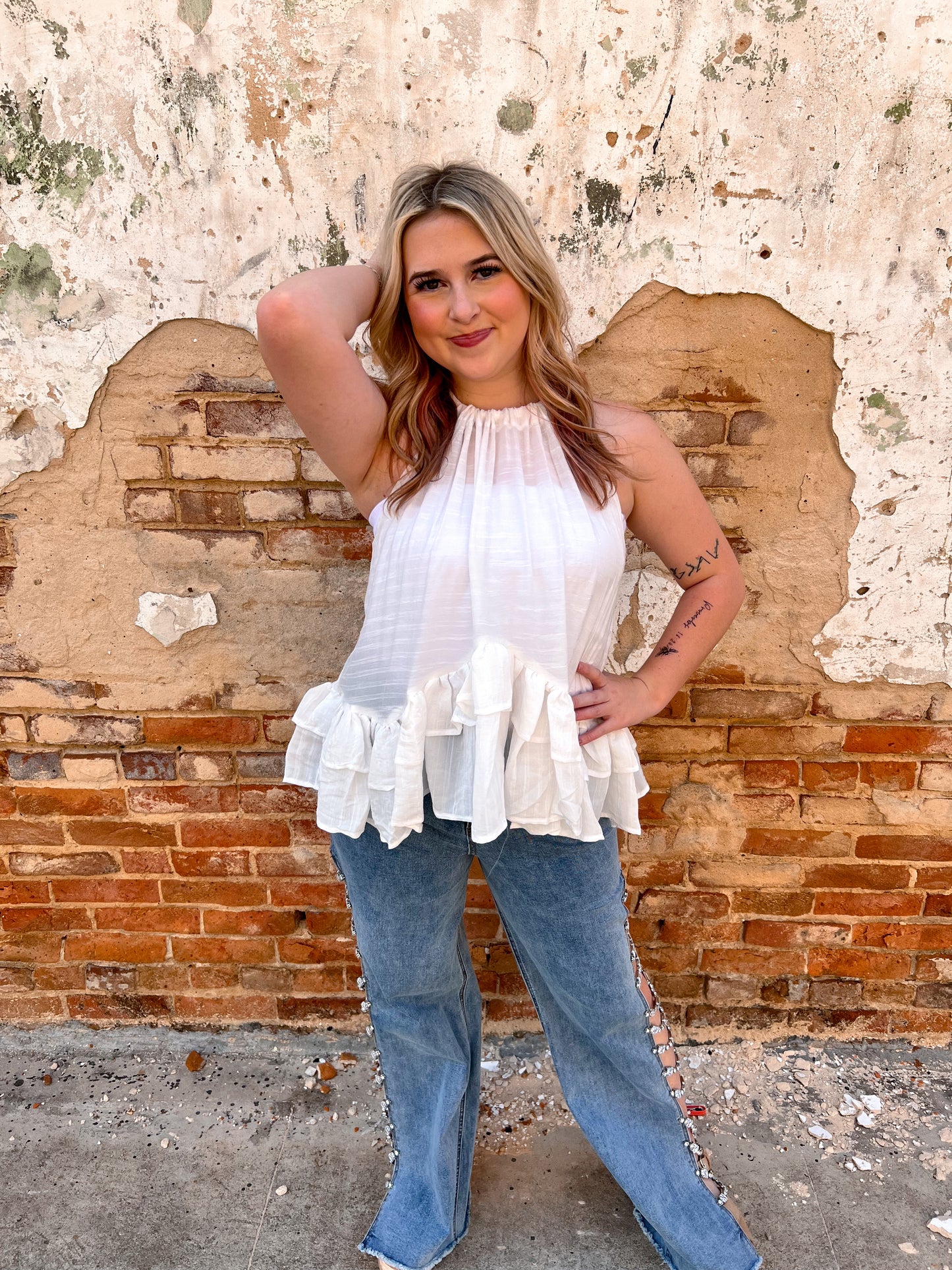 Mikayla Halter Ruffle Sleevless Blouse Top-Top-mazik-04/25,05/27/24,1st md,Bin a4,Max Retail,not on the floor only in the bins,Tops Collection-The Twisted Chandelier