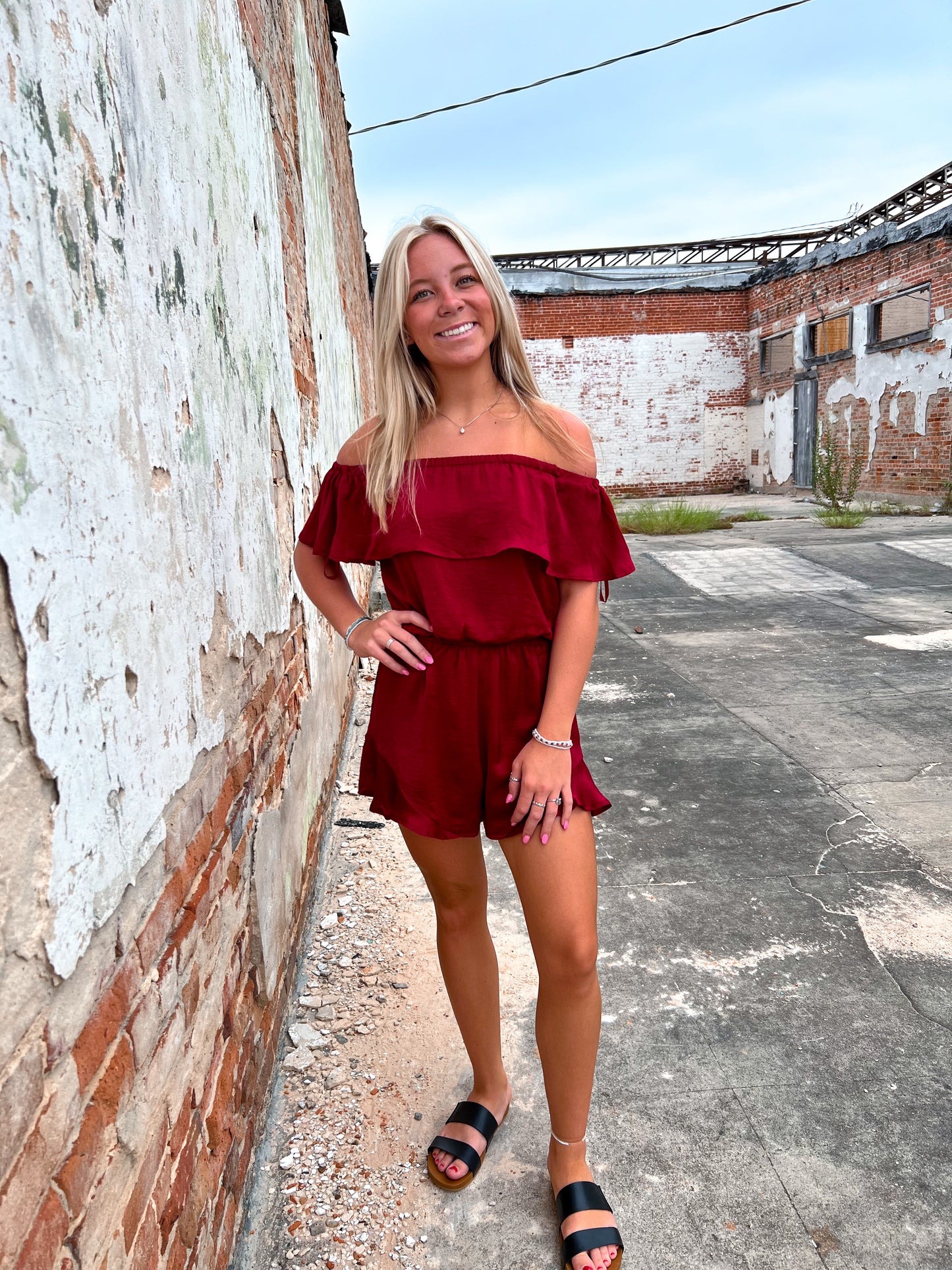Mila Off The Shoulder Satin Romper-Romper-She & Sky-& Jumpsuits,08/18/24,1st md,DJR,Dresses,gameday,Max Retail,OGP 49.99,Rompers,SS8084-The Twisted Chandelier