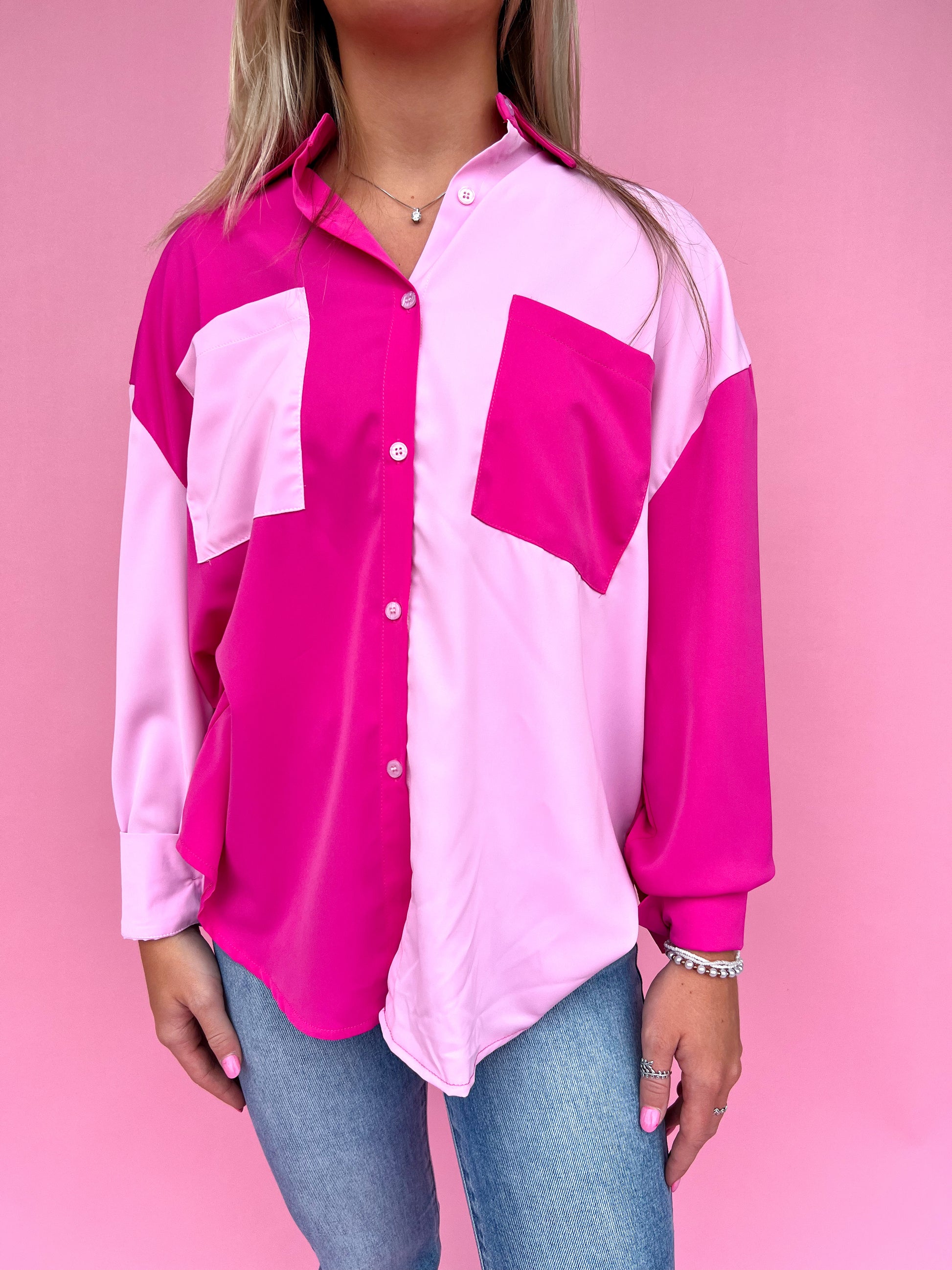 Pink Color Block Button Up Top-TOP-Southern Grace Wholesale-7660-CC-PINK,BIN D3,Tops Collection-The Twisted Chandelier