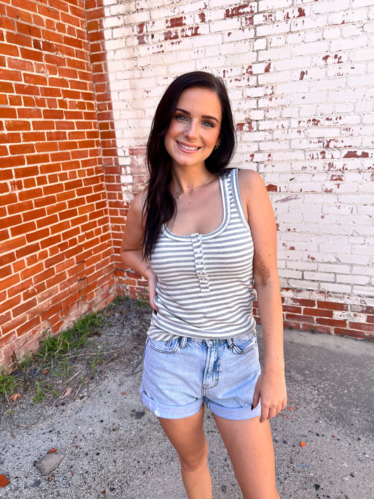 Cleo Striped & Solid Button Down Fitted Knit Tank Top-VERY J-08/13/25,BIN A2,FD 06/17/25,OGP 24.50,Tops Collection-The Twisted Chandelier