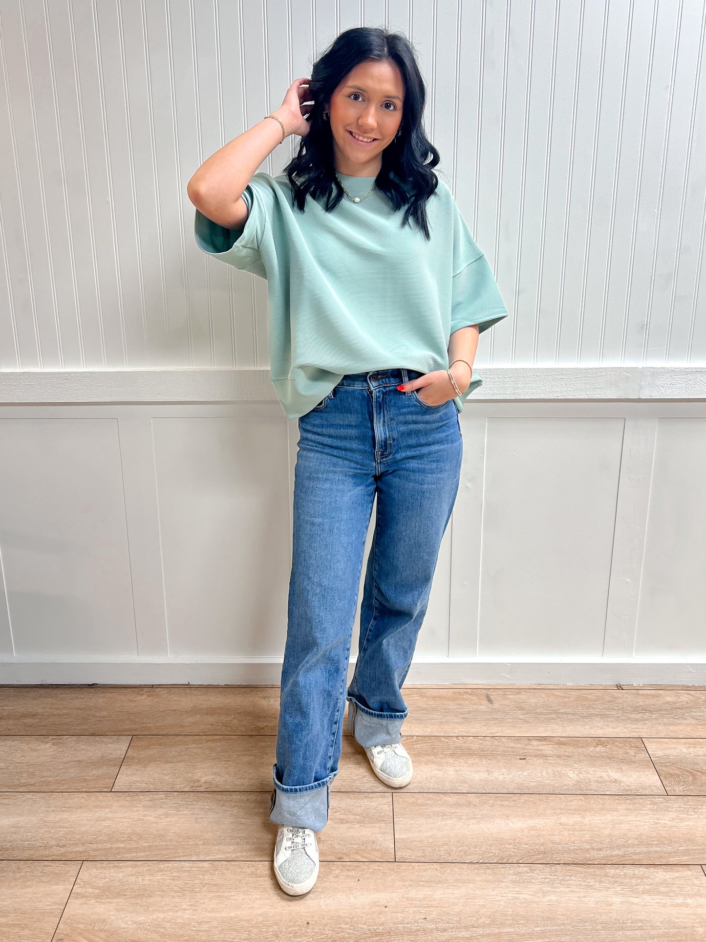 Kinsley Ribbed Round Neck Waist Banded Tee Shirts - Dusty Green-Zenana-FD 03/12/26,Tops Collection-The Twisted Chandelier