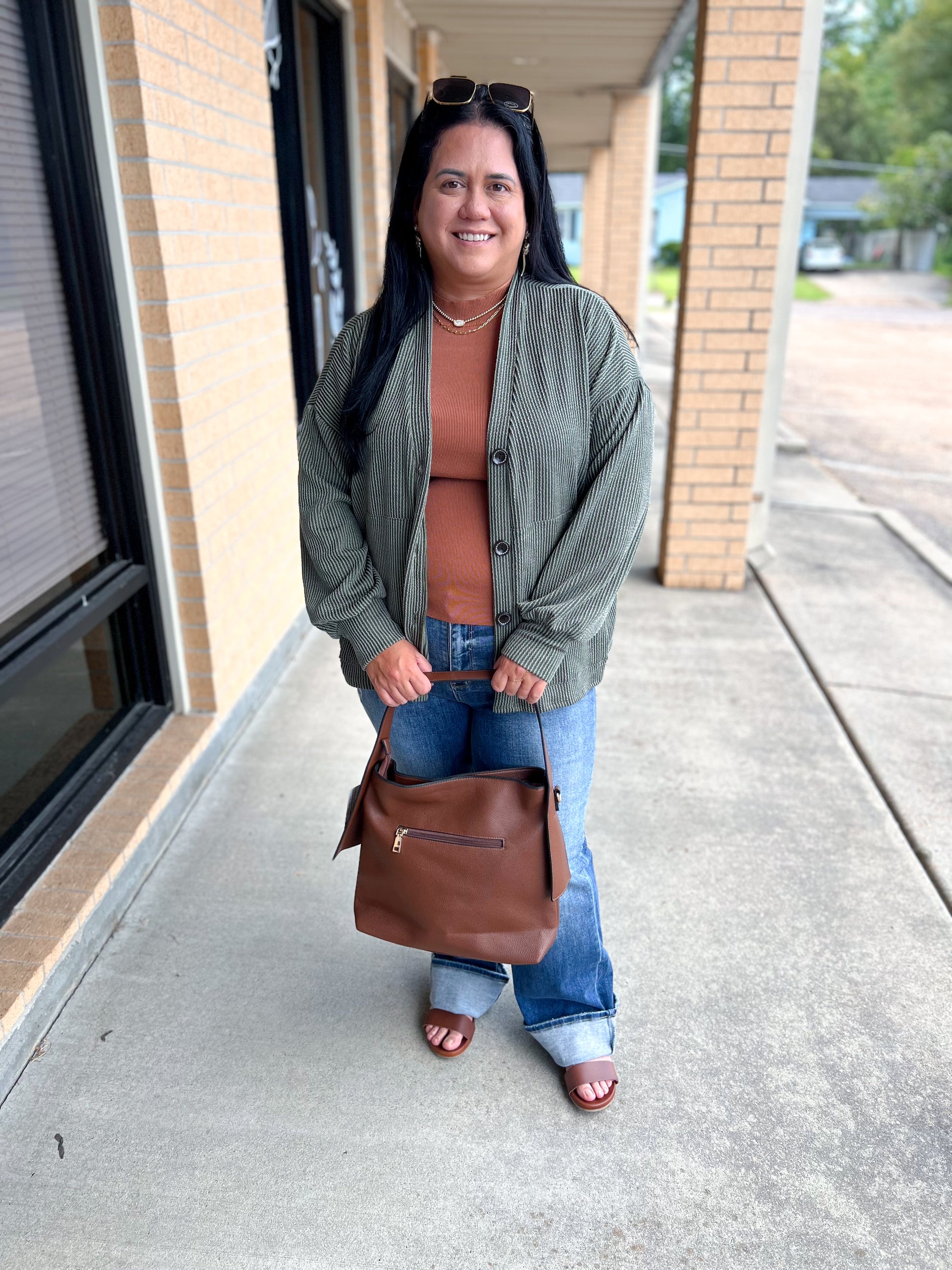 Kate Solid Rib Drop Shoulder Button Balloon Sleeve Cardigan - Olive-7th Ray-BIN A2,FD 09/22/25-The Twisted Chandelier