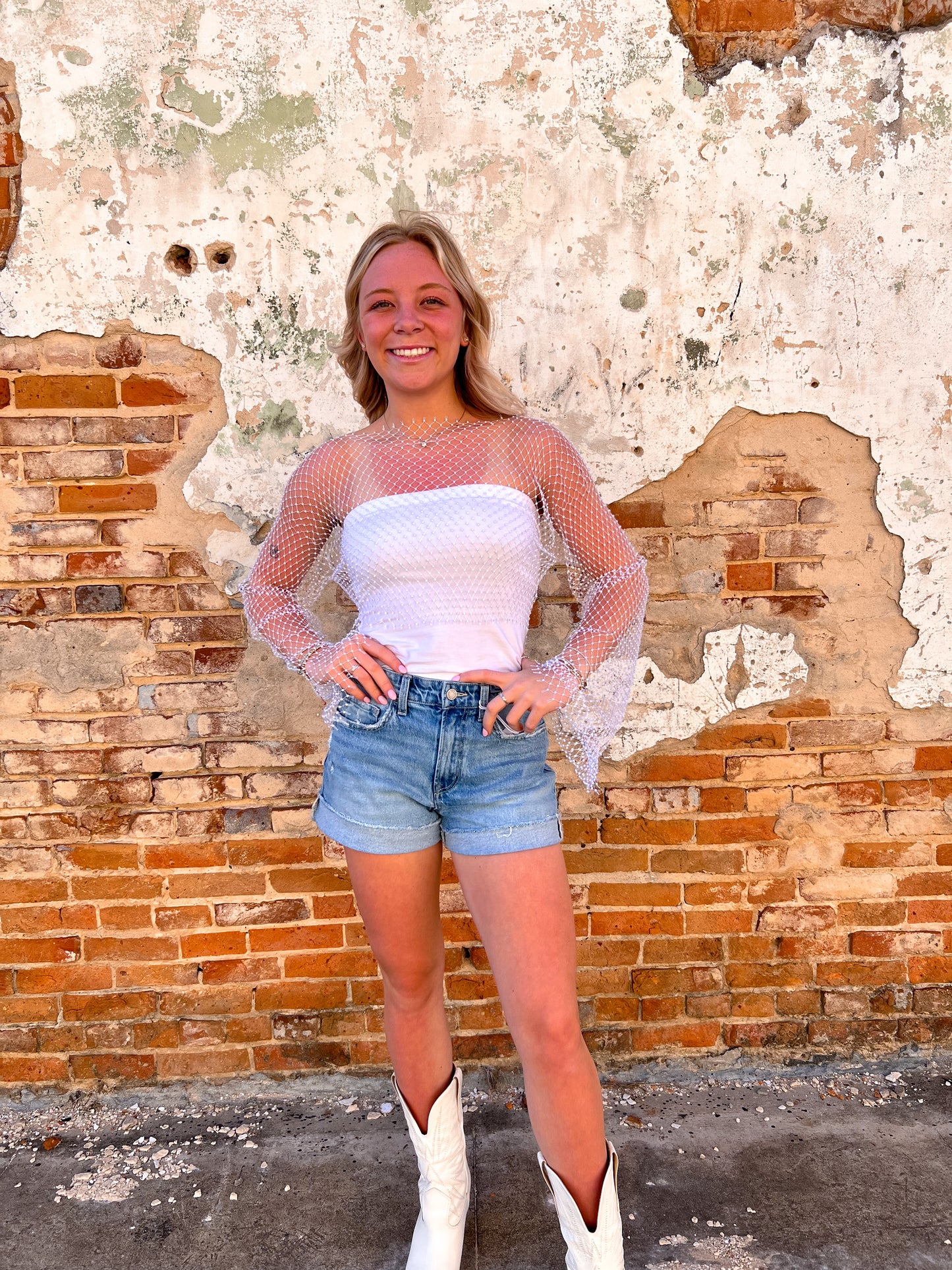 Rhinestone Embellished Fishnet Top - White-Sheer Top-Sweetkama-10/04/25,Bin a6,FD 3/18/25,OGP 38.95,rodeo,Tops Collection-The Twisted Chandelier