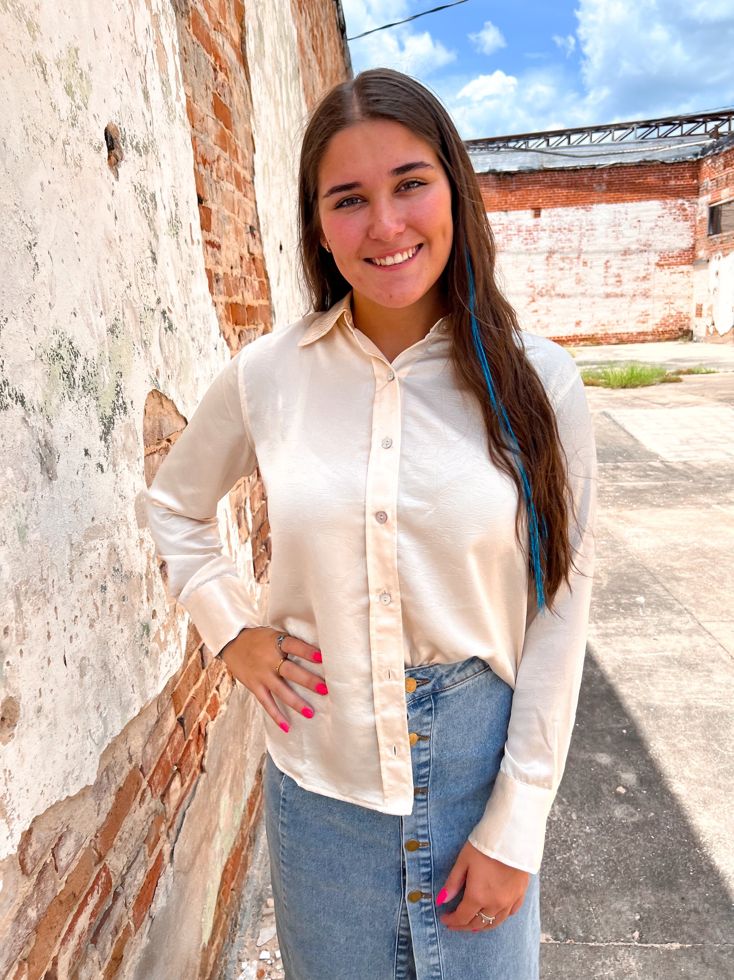 Tanna Crushed Satin Button Up Blouse-Shirts & Tops-blue b.-BIN D3,CR 08/06/24,FD 10/15/24,Tops Collection-The Twisted Chandelier