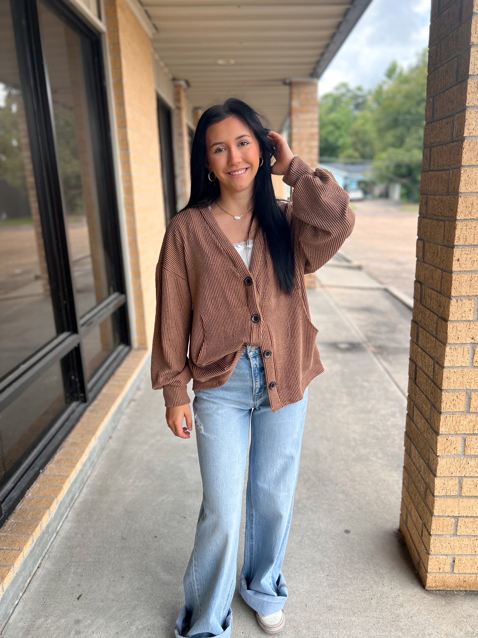 Kate Solid Rib Drop Shoulder Button Balloon Sleeve Cardigan - Chestnut-7th Ray-Bin a4,FD 09/22/25-The Twisted Chandelier