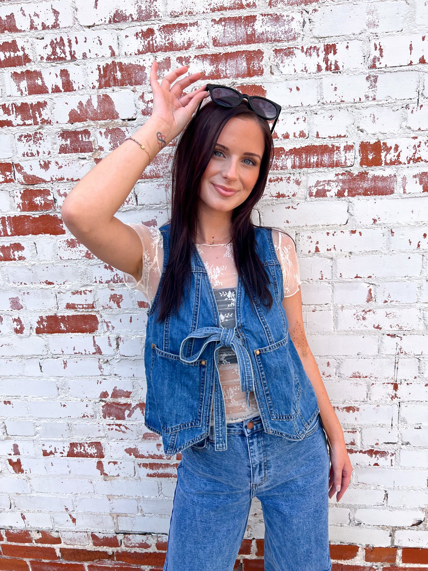 Kassie Denim Front Tie Vest-vest-Listicle-1st md 6/11,Bin B5,CR 05/10/25,OGP 54.95,Tops Collection-The Twisted Chandelier