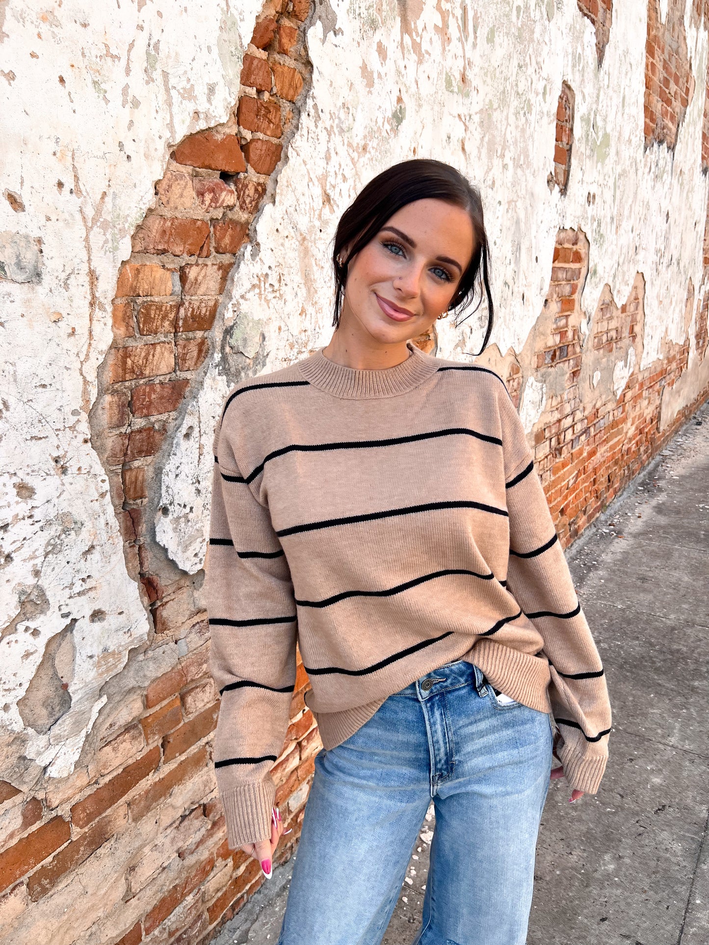 Hadley Loose Fit Stripe Long Sleeve Crewneck Sweater-La Miel-Bin a4,FD 09/30/25,HCS3553,Tops Collection-The Twisted Chandelier