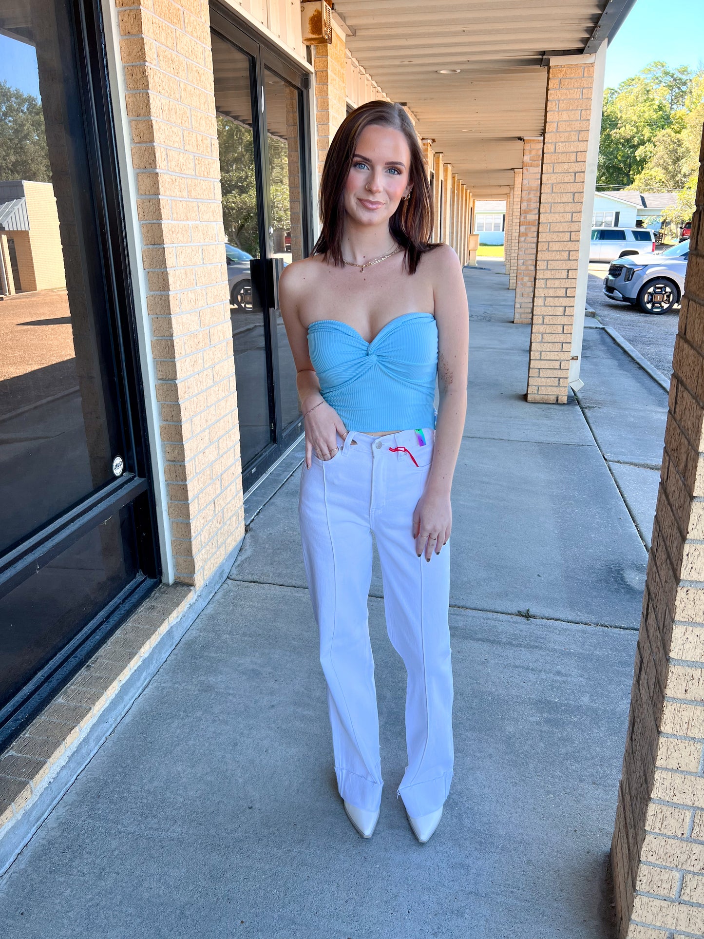 Anita Top Knot Crop Top -Blue-Apparel & Accessories-le lis-09/03/24,1st md,FD 04/30/24,KT6976-2,OGP 26.99,Tops Collection-The Twisted Chandelier