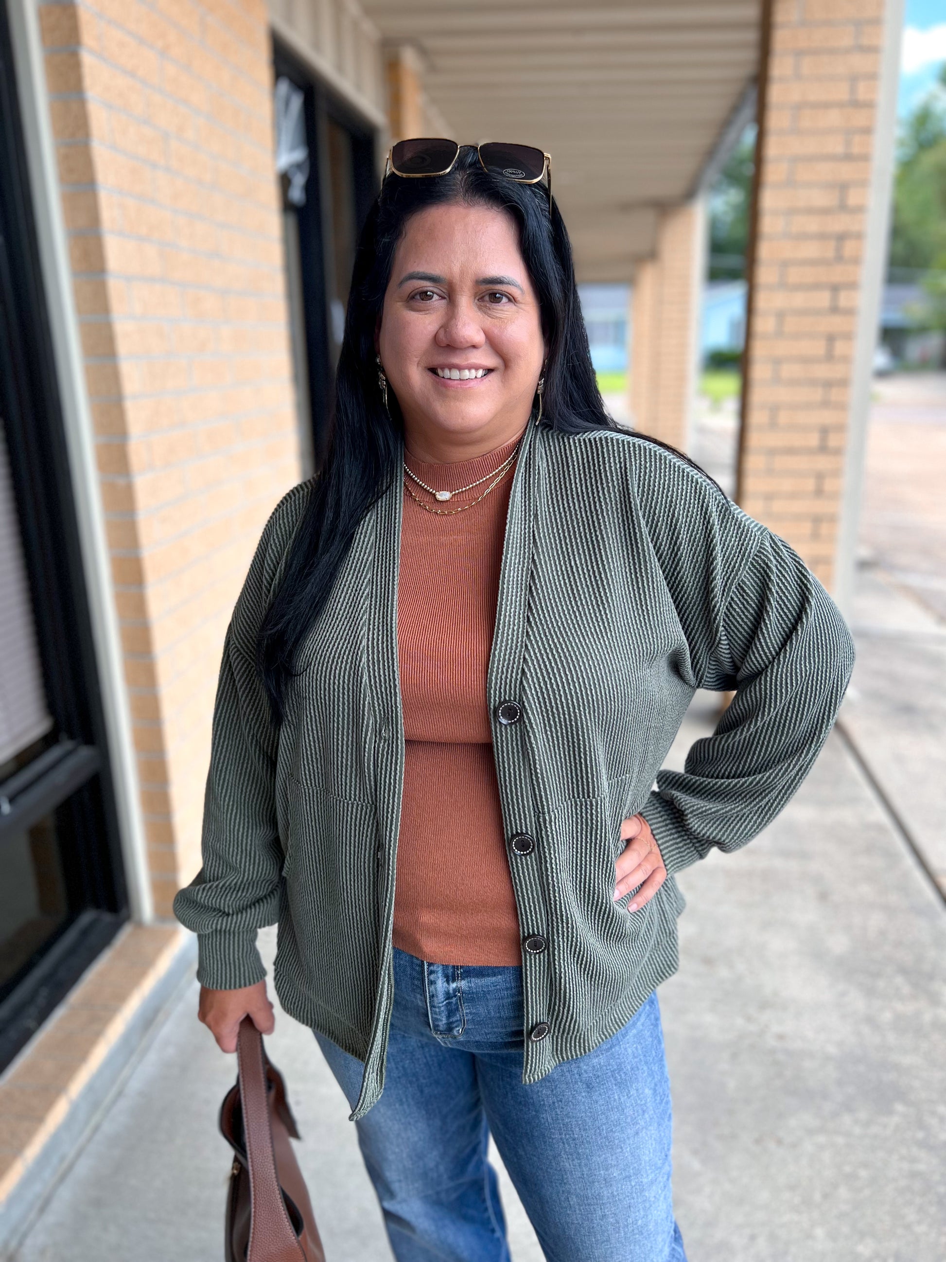 Kate Solid Rib Drop Shoulder Button Balloon Sleeve Cardigan - Olive-7th Ray-BIN A2,FD 09/22/25-The Twisted Chandelier