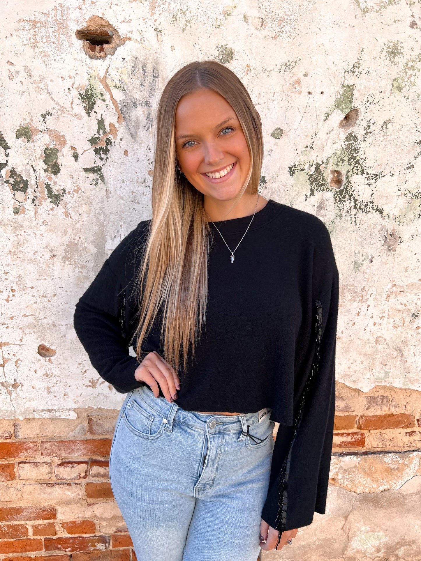 Valentina Black Sweater Rhinestone Fringed Sleeves-Sweater-Vocal-20005L,Bin B5,Max Retail-The Twisted Chandelier
