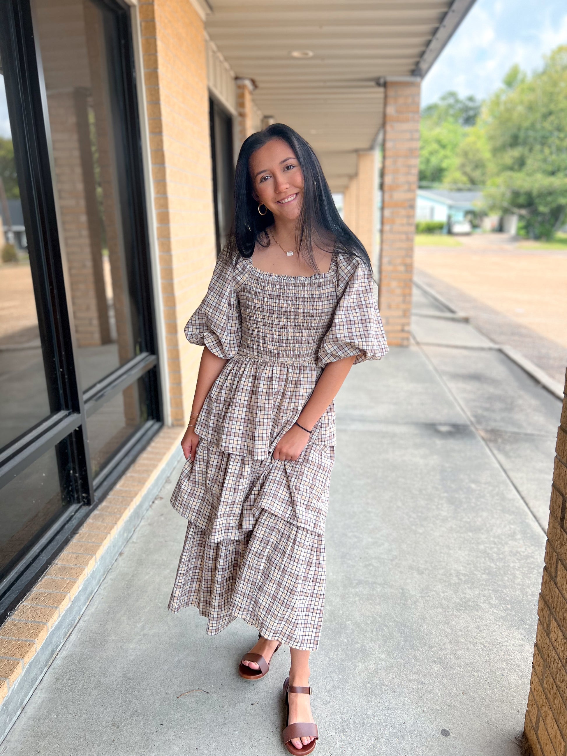 Charlotte Crinkled Plaid Smocked Top Midi Dress-Oddi-Bin B3,DJR-The Twisted Chandelier