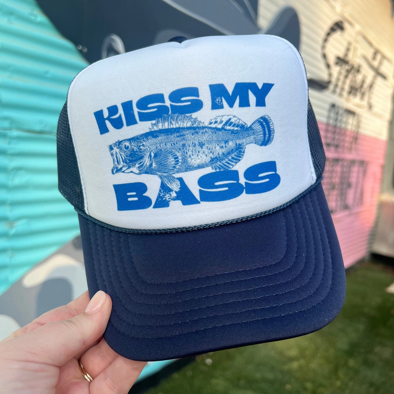 Kiss My Bass Snapback Foam Trucker Hat-Trucker Hat-Turquoise & Tequila-CR 04/21/25-The Twisted Chandelier