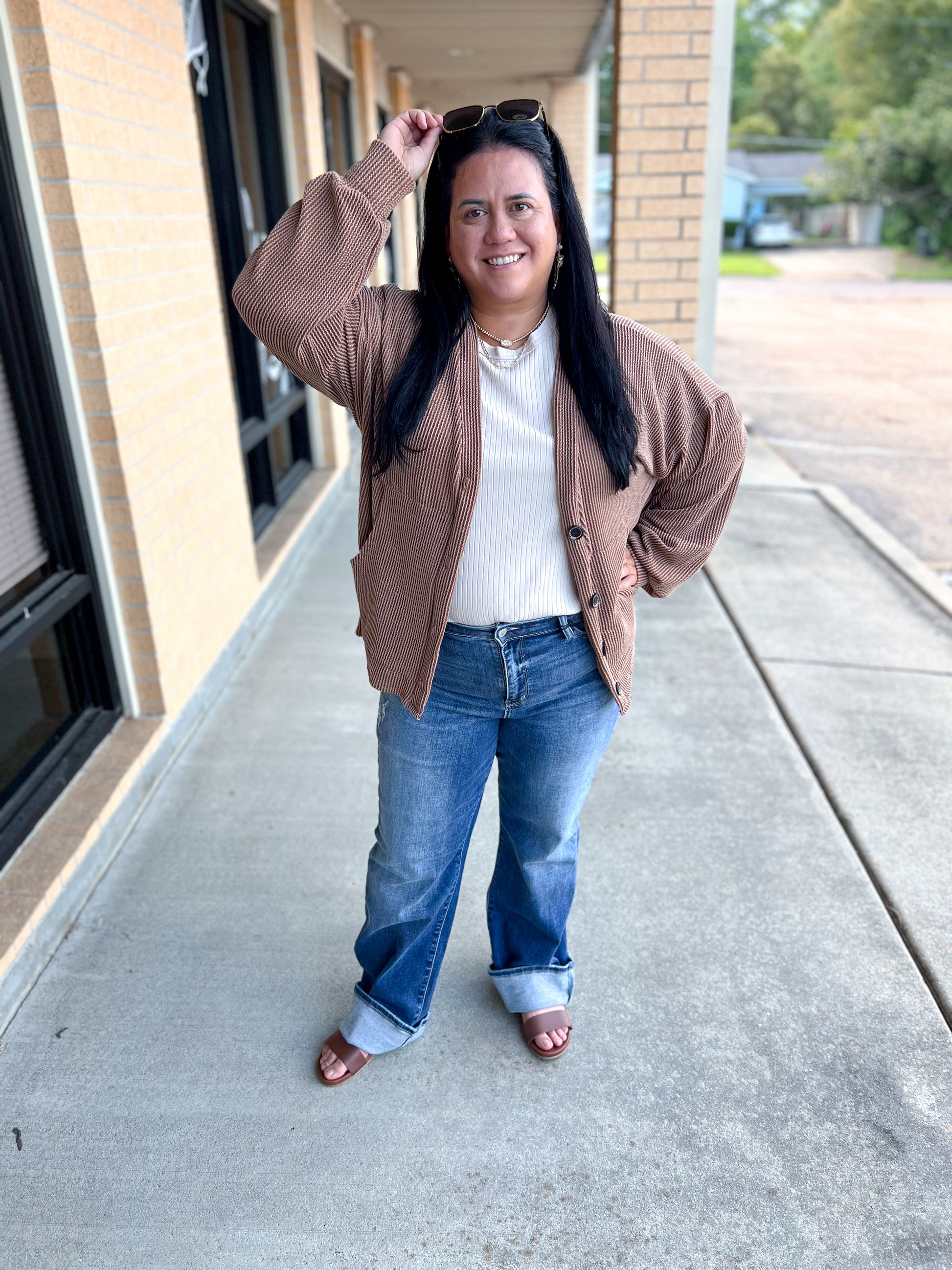 Kate Solid Rib Drop Shoulder Button Balloon Sleeve Cardigan - Chestnut-7th Ray-Bin a4,FD 09/22/25-The Twisted Chandelier