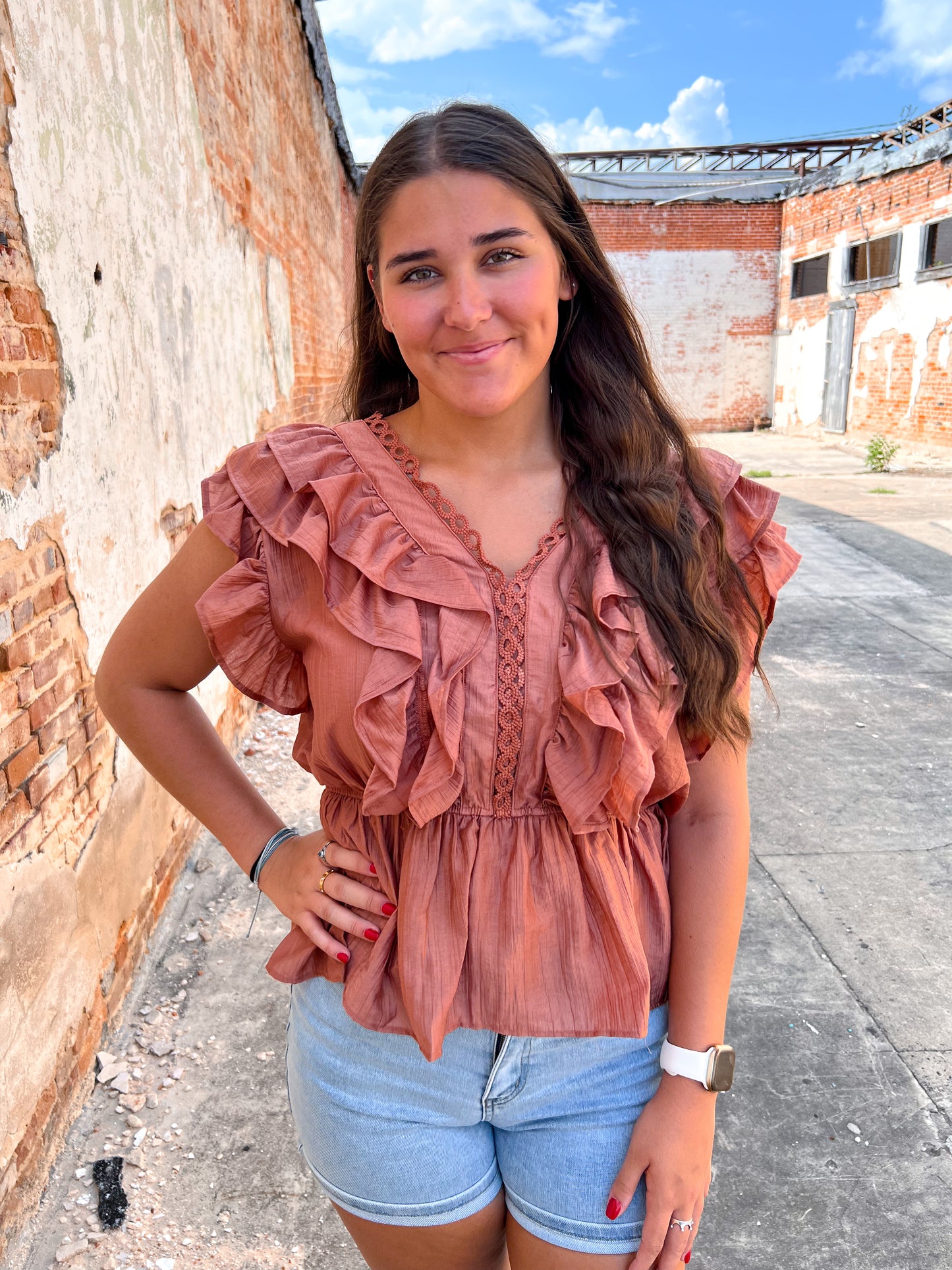 Beth Desert Rose Ruffle Top-BLOUSE TOP-Southern Grace Wholesale-02/07/25,1st md,9233E,Bin d2,Max Retail,Tops Collection-The Twisted Chandelier