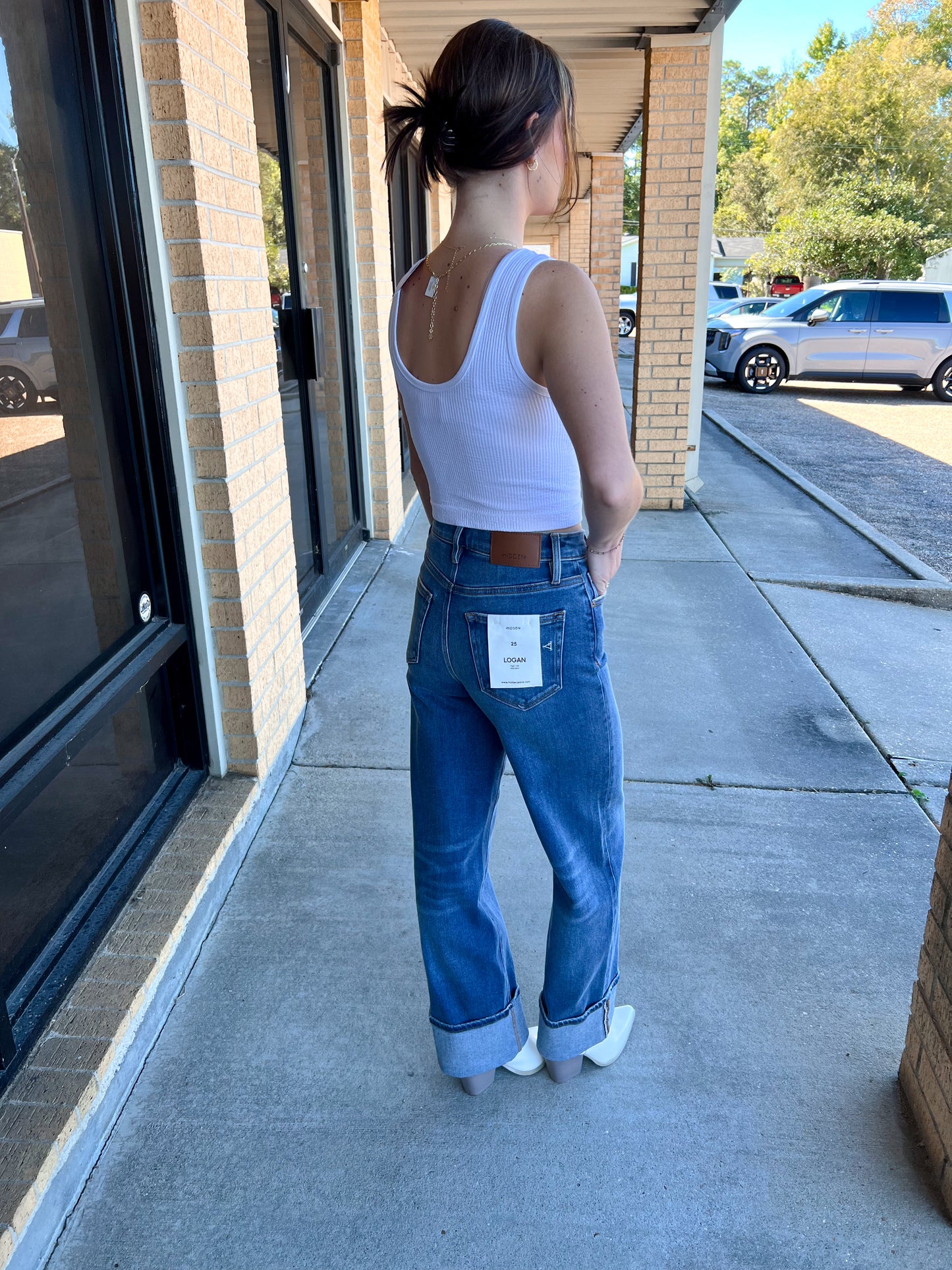 Logan Dark Wash Cuffed Stretch Clean Dad Jeans-Hidden Jeans-Bin a4,Bin b6,bottoms,Fd 8/5/25-The Twisted Chandelier