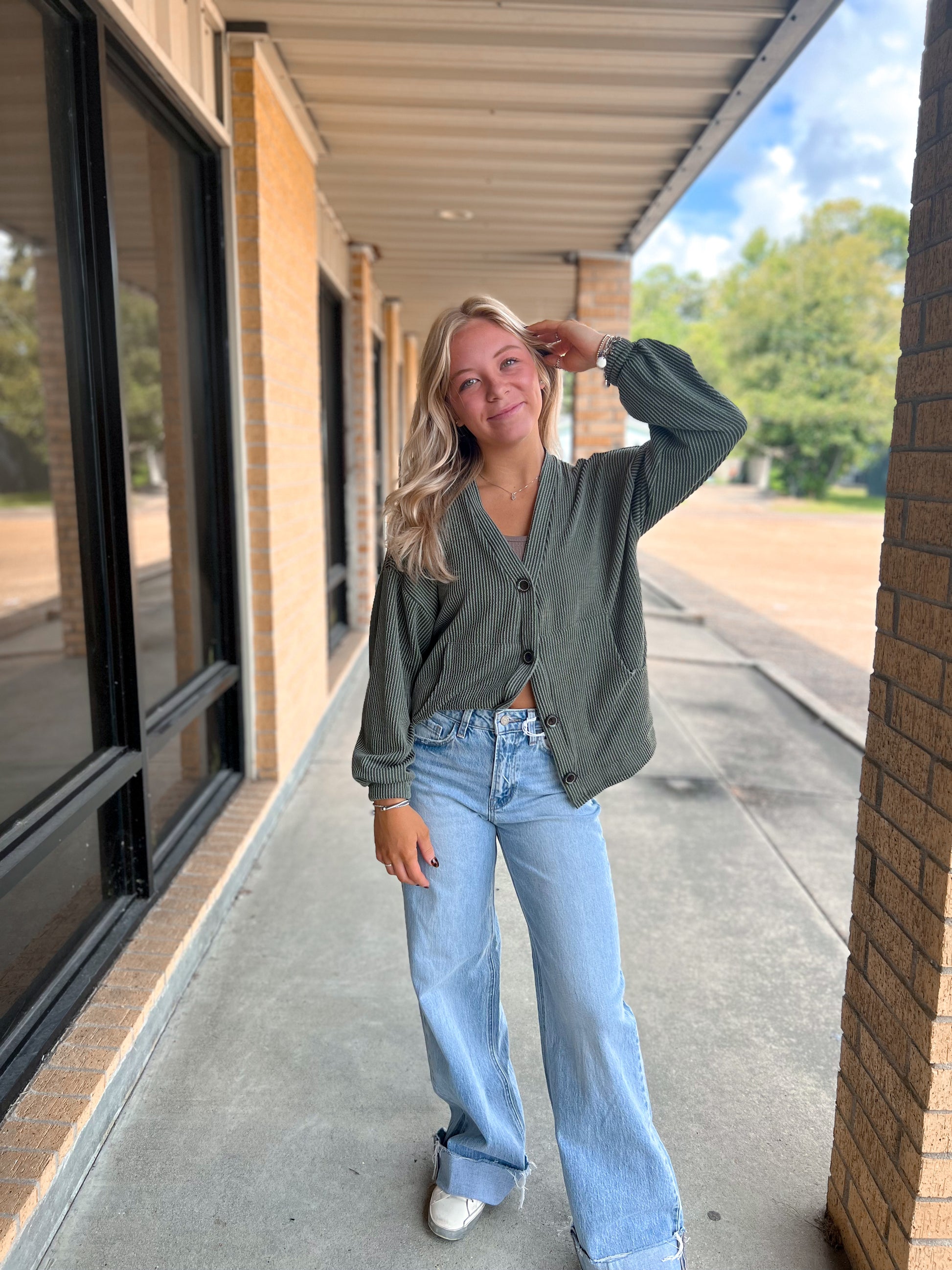 Kate Solid Rib Drop Shoulder Button Balloon Sleeve Cardigan - Olive-7th Ray-BIN A2,FD 09/22/25-The Twisted Chandelier