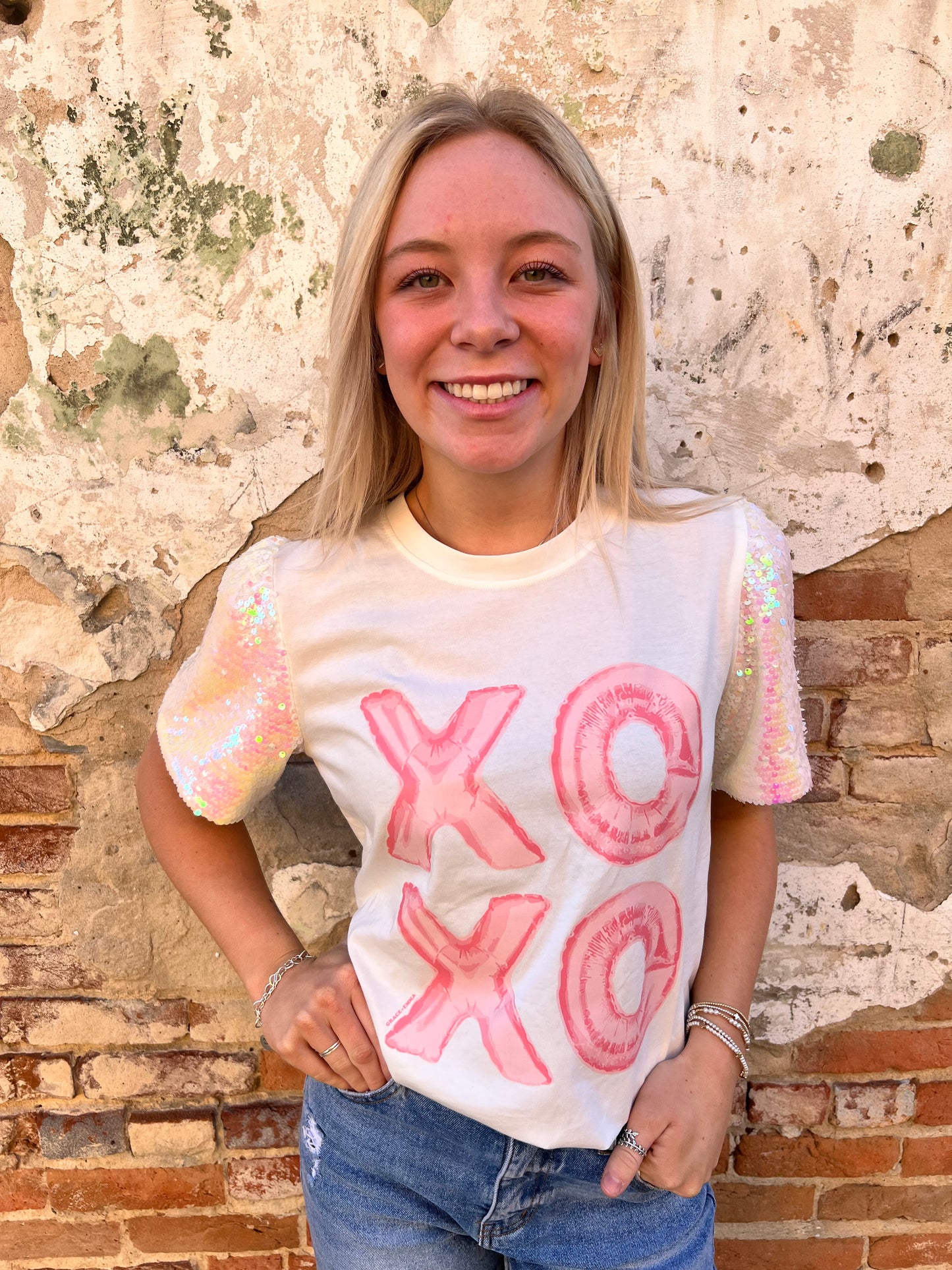 XOXO Sequins Puff Sleeve Top-Shirt-Southern Grace Wholesale-BIN A5,FD 01/07/25,Max Retail,not on the floor only in the bins,Tops Collection-The Twisted Chandelier