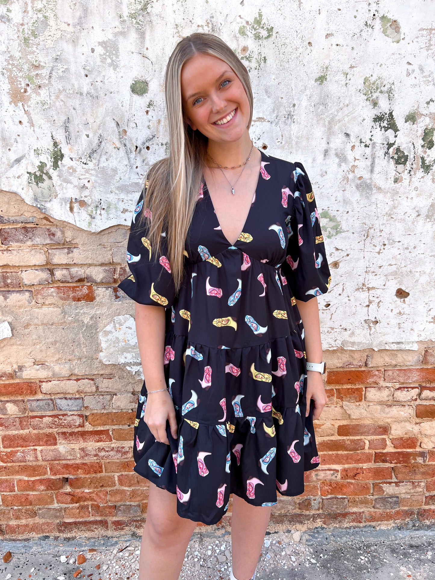 Alma Cowboy Boot Print Woven Dress-Dresses-She & Sky-09/03/24,1st md,Bin b2,DJR,FD 04/23/24,SY5861-The Twisted Chandelier