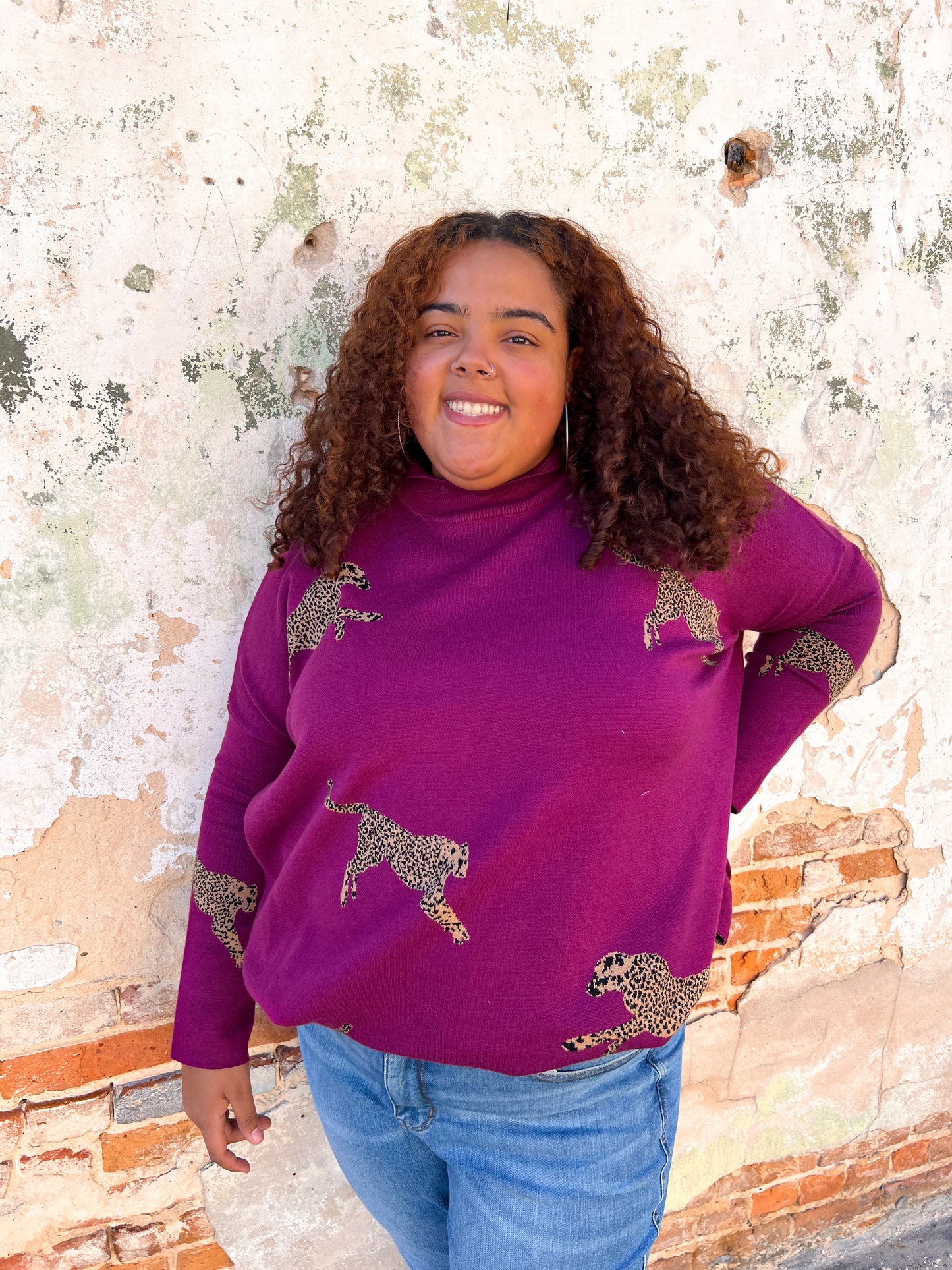 Annie Cheetah Print Mock Neck long Sleeve Sweater Top - Plus-Sweater-Entro-Bin B4,Max Retail,not on the floor only in the bins,Tops Collection-The Twisted Chandelier
