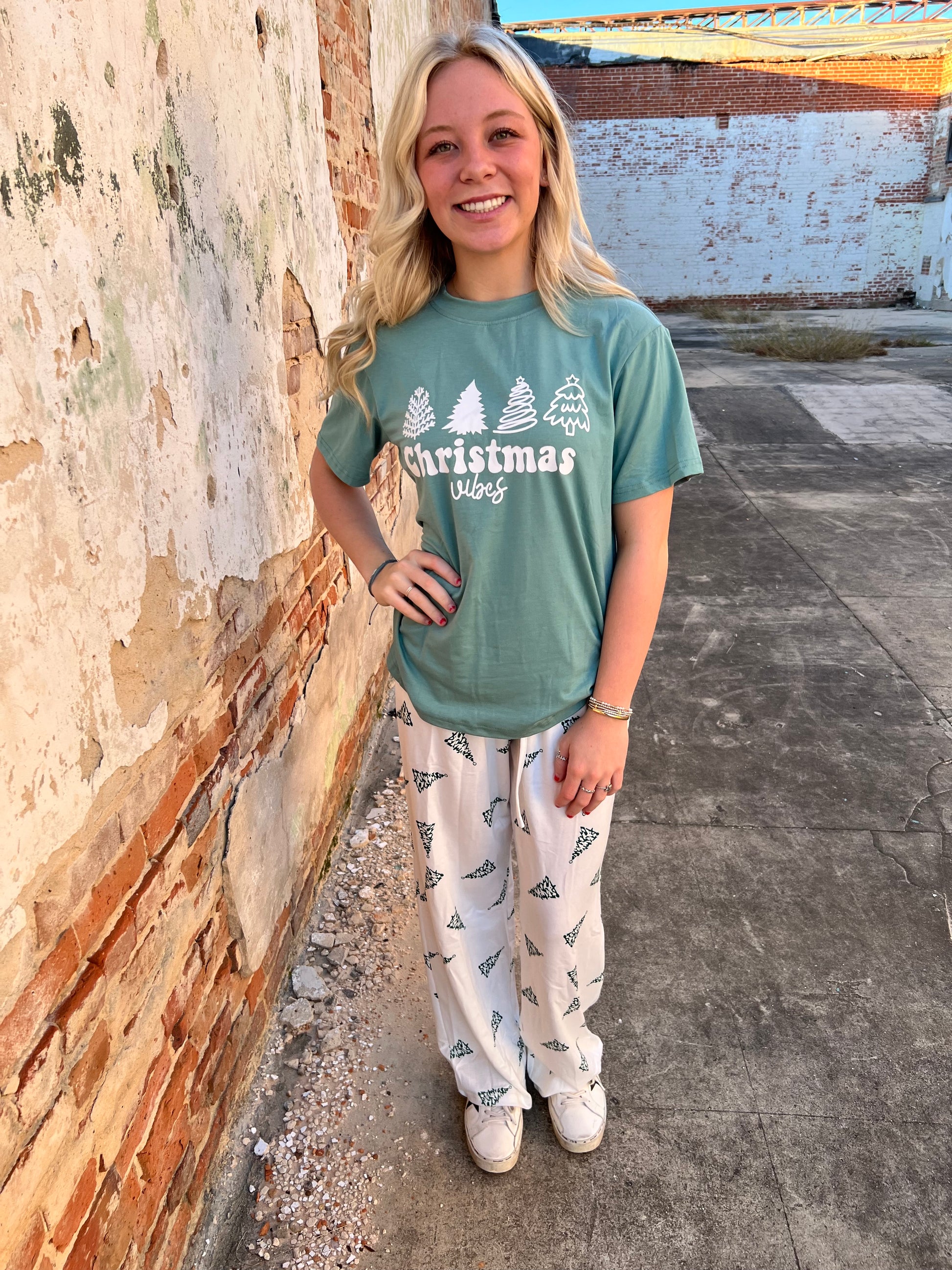 Christmas Pajamas Tree Printed Tee and Pants Lounge Set-fashionworks-Christmas tote ct1,FD 12/03/24-The Twisted Chandelier