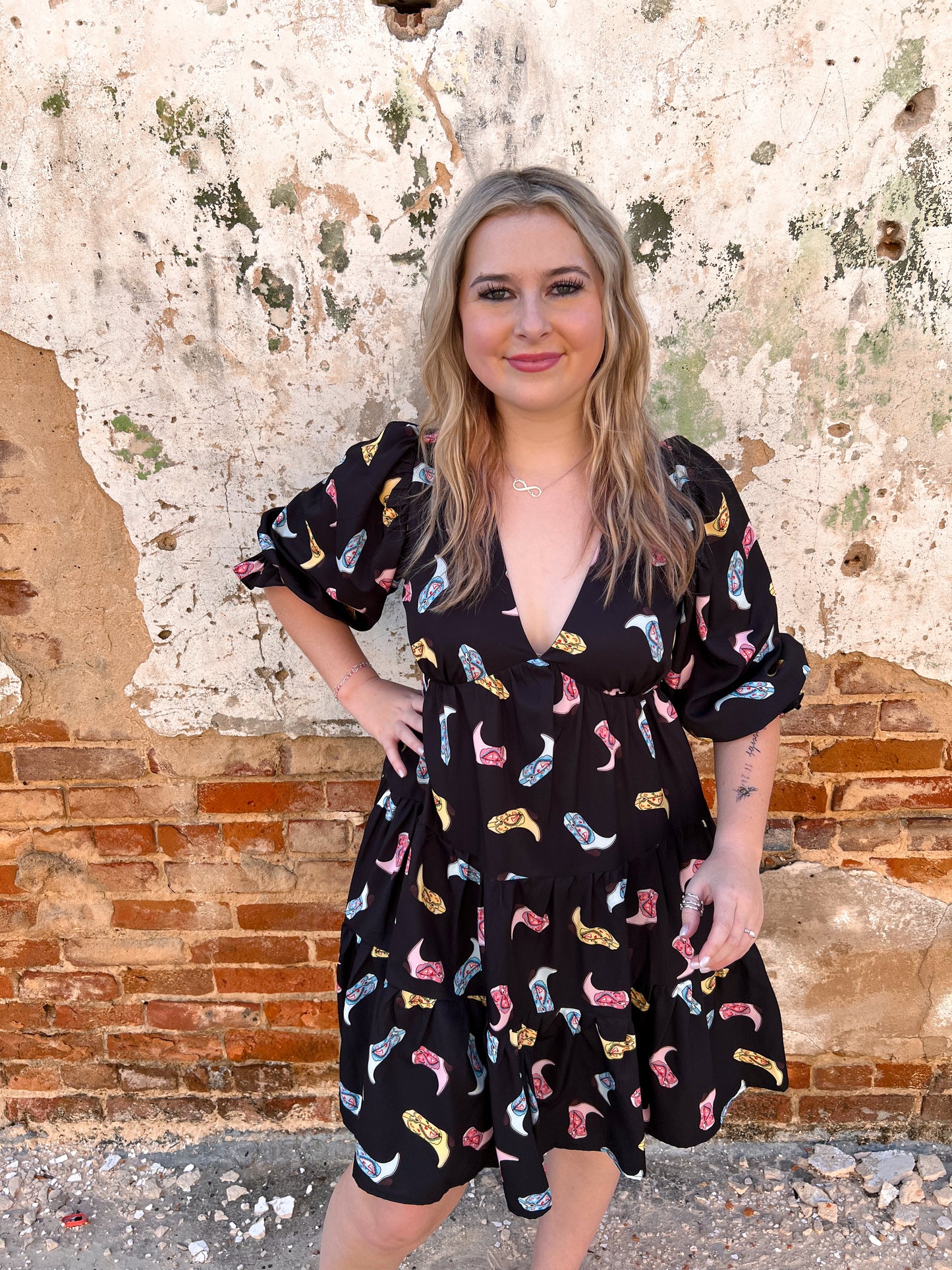 Alma Cowboy Boot Print Woven Dress-Dresses-She & Sky-09/03/24,1st md,Bin b2,DJR,FD 04/23/24,SY5861-The Twisted Chandelier