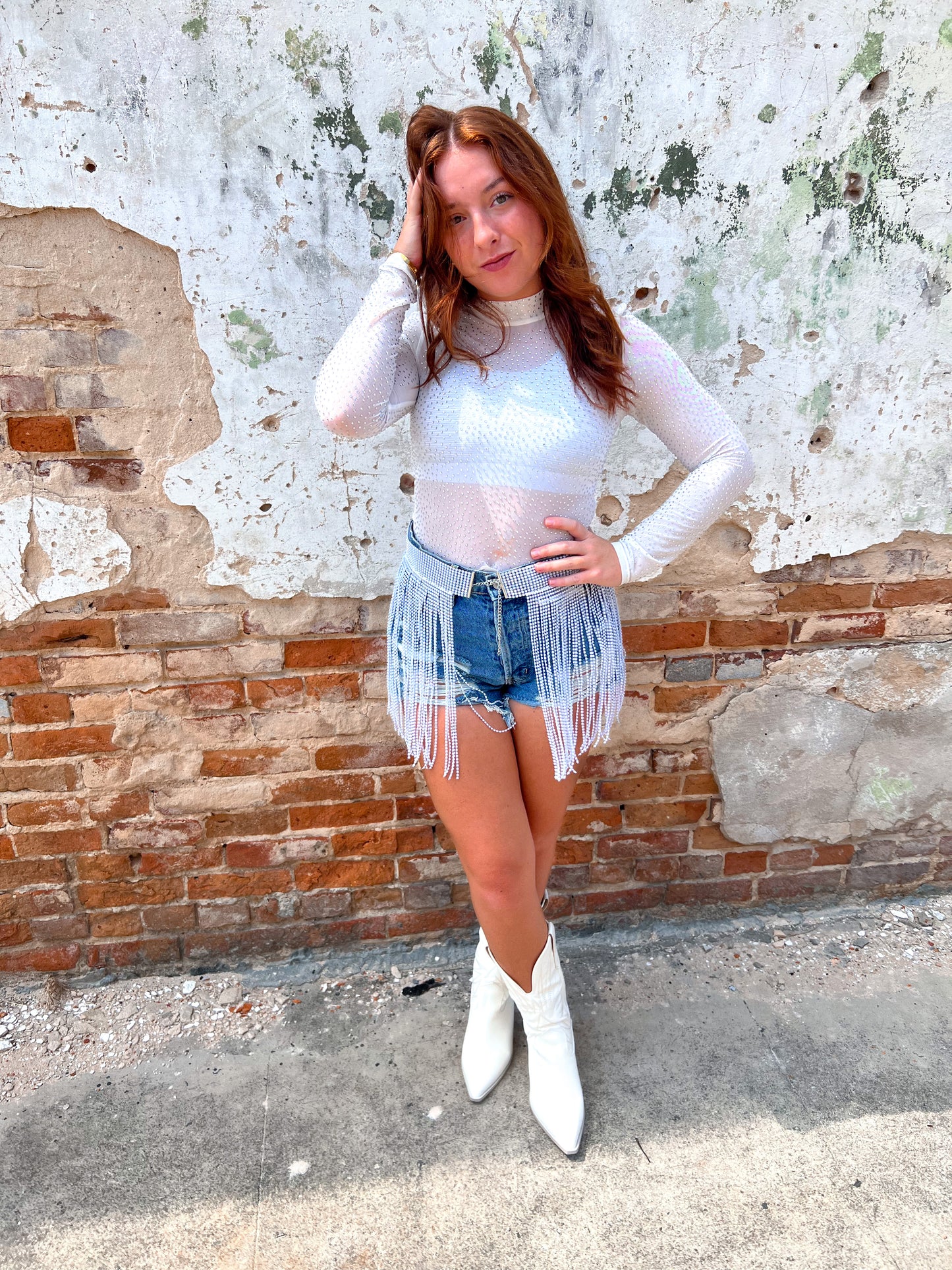 White Rhinestone Fringed Cover Up Skirt -White-Belts-Lucky & blessed-05/27/24,1st md,Accessories,BIN D4,western & concert-The Twisted Chandelier