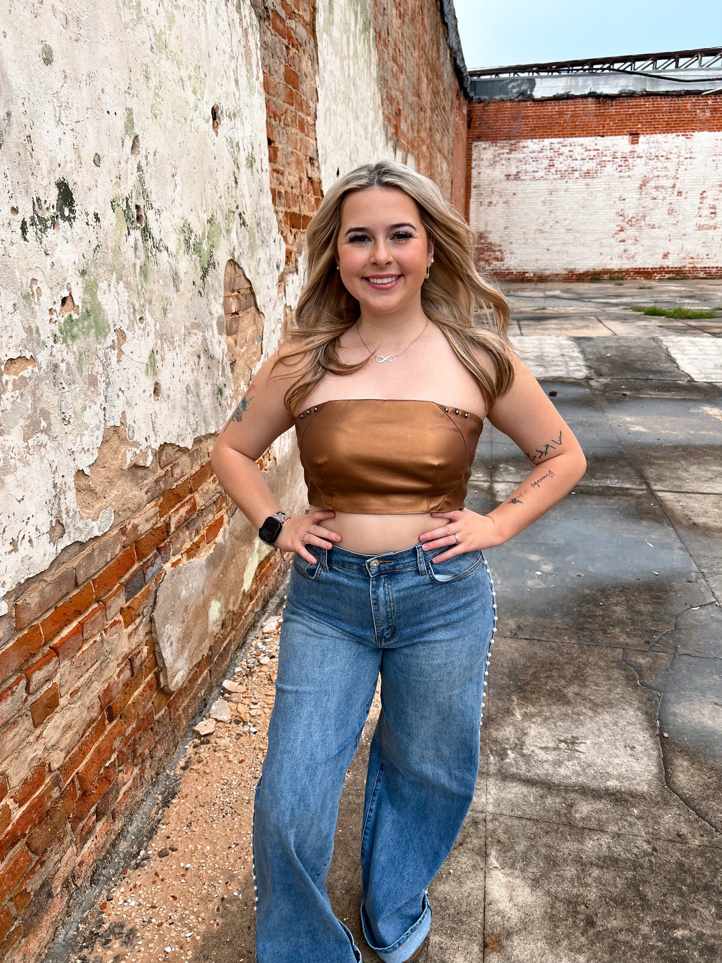Charlie Faux Leather Studded Buckle Crop Tube Top-Tube Top-blue b.-08/08/24,1st md,34910T,Bin D1,Max Retail,Tops Collection,western & concert-The Twisted Chandelier