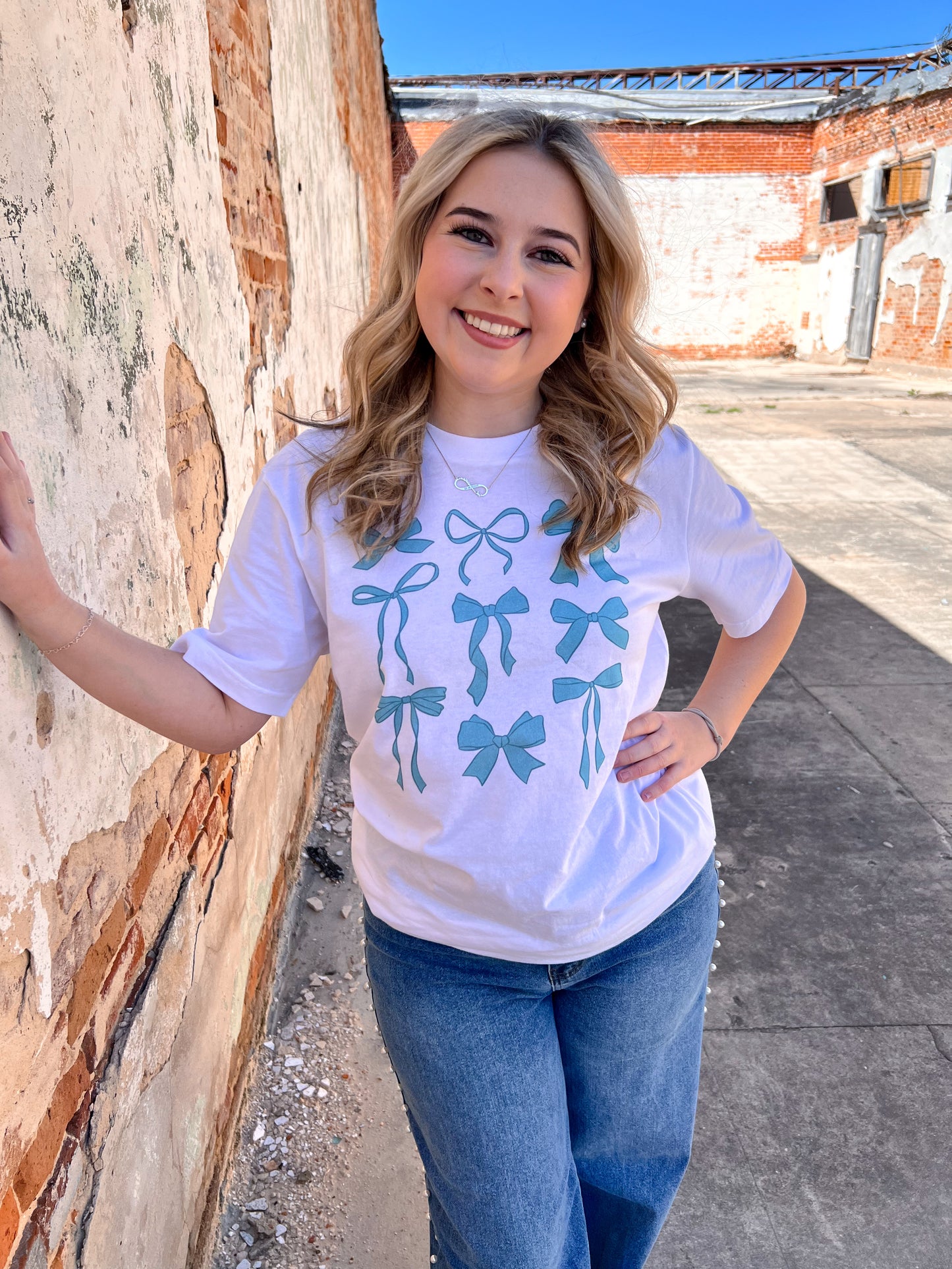 Blue Bow Graphic Tee-Apparel & Accessories-Bling-A-Gogo-08/18/24,11/11/24,1st md,OGP 34.99,Tops Collection-The Twisted Chandelier