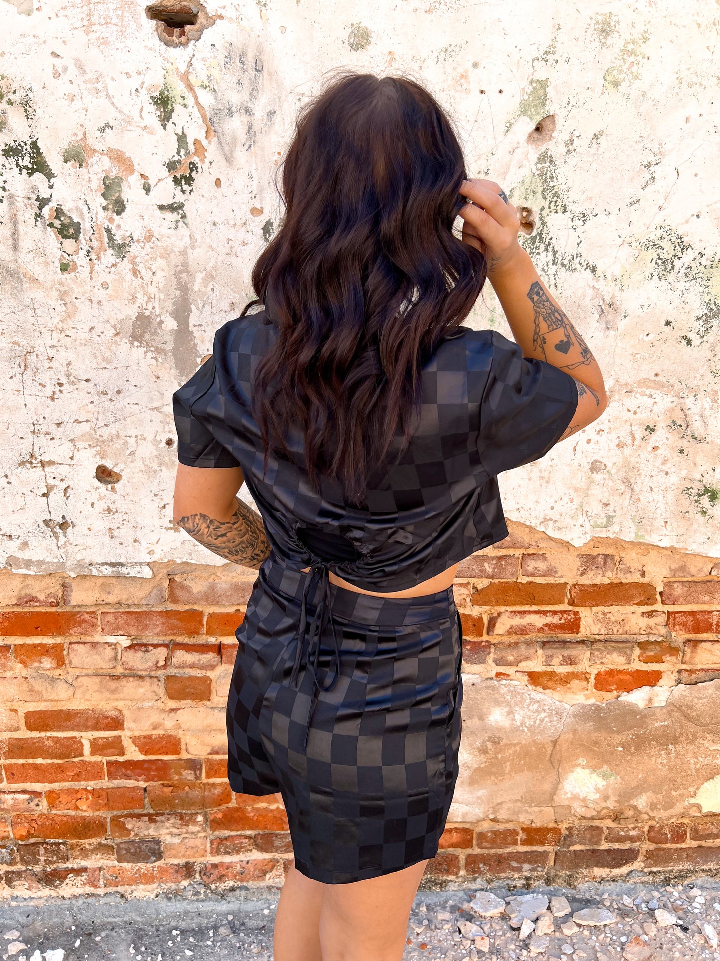 Angela Black Checkered Satin Top-TOP-en:semble-05/15/24,08/23/24,1st md,5/16,S9042P,S9042T,Tops Collection-The Twisted Chandelier