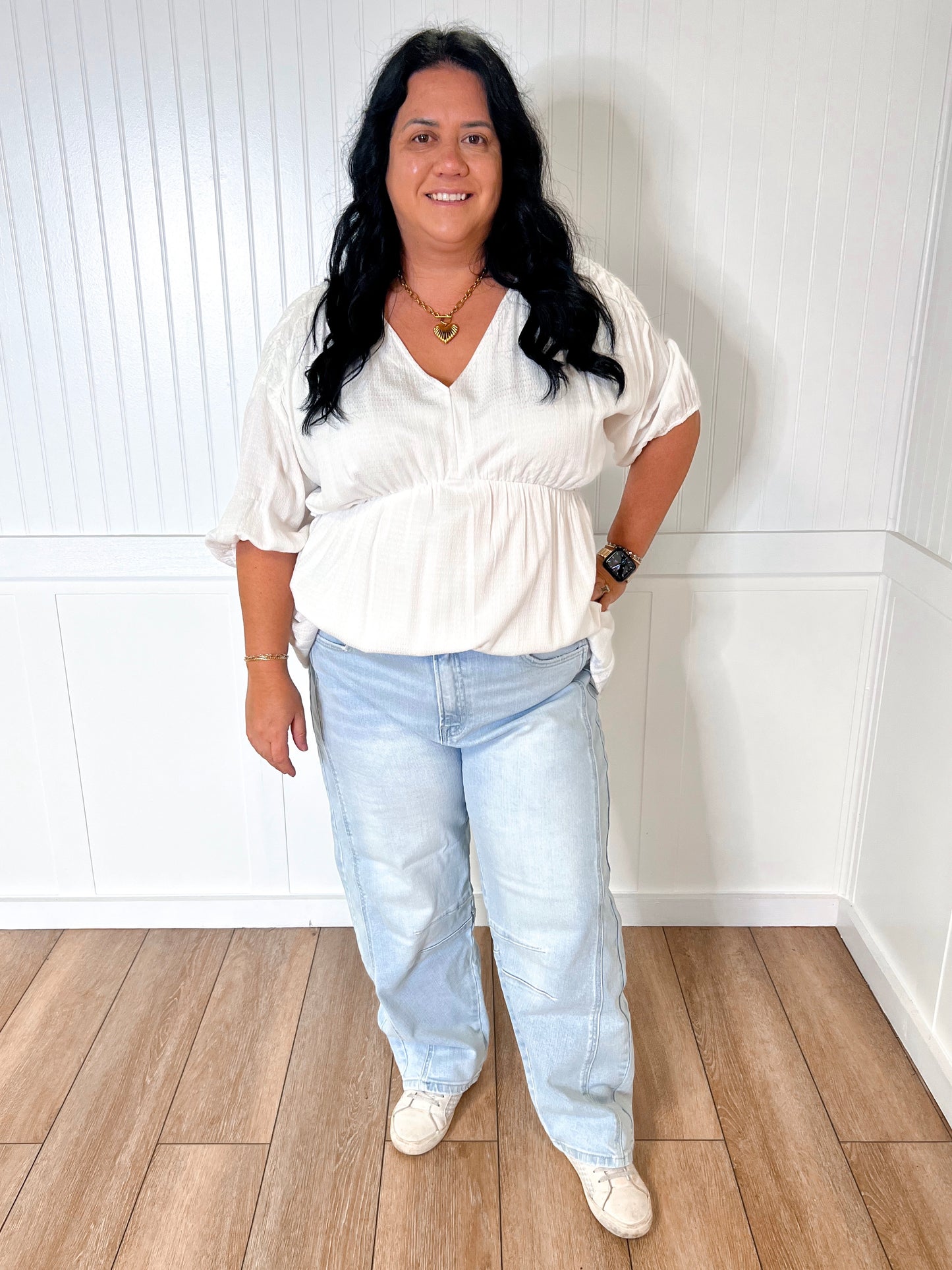 Kylie V-Neck Blouse Textured Baby Doll Top- Plus-BLOUSE TOP-Heyson-04/21/25,04/25,05/27/24,1st md,Max Retail,Tops Collection-The Twisted Chandelier