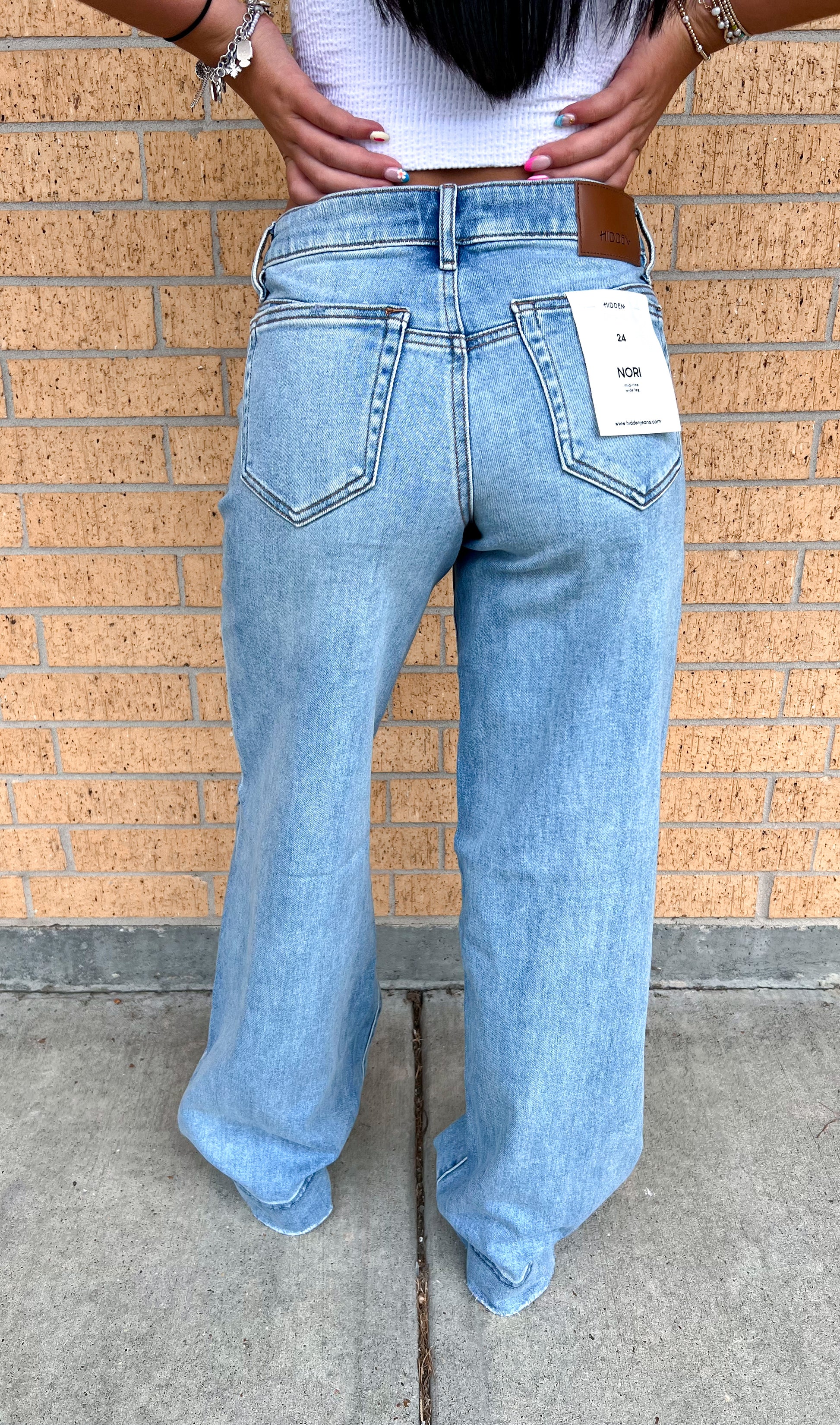Nori Light Wash Distressed Stretch 33" Inseam Wide Leg Jeans-Hidden Jeans-BIN A 3,Bin b6,bottoms,FD 08/19/25-The Twisted Chandelier