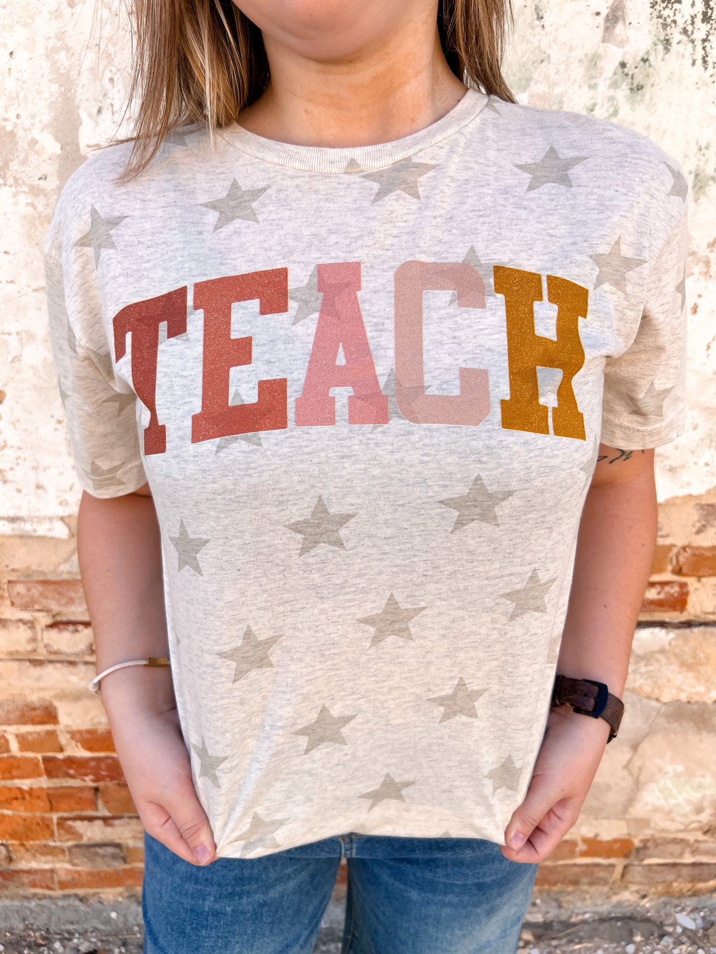 Teach Oatmeal Star Tee Shirt-Shirt-p&pd-04/21/25,05/27/24,11/28/23 md,1st md,Max Retail,Tops Collection-The Twisted Chandelier