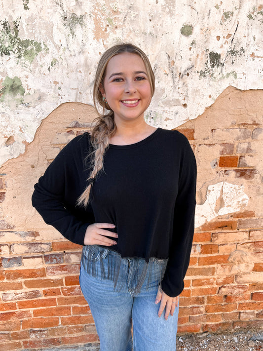 Juniper Black Sweater Metal Fringe Hem-Sweater-Vocal-$25 & Under Sale,20011L,Max Retail,Mystery L- jfc892,not on the floor only in totes,Tops Collection,Winter Tote T1-The Twisted Chandelier