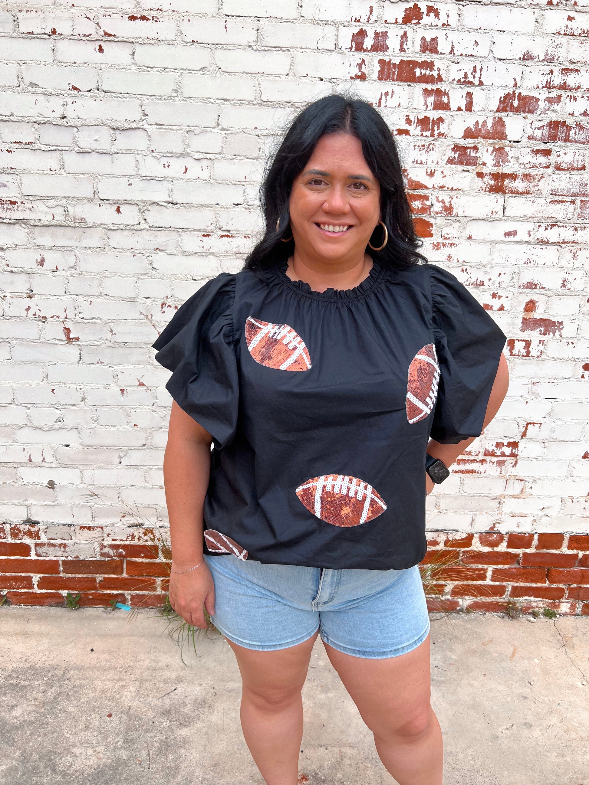 Football Sequin Patch Solid Poplin Blouse - Plus-BLOUSE TOP-oddi-10/11/24,1st md,Bin C3,Cr05/29/24,gameday,IT16963,Max Retail,OGP 49.99,Tops Collection-The Twisted Chandelier