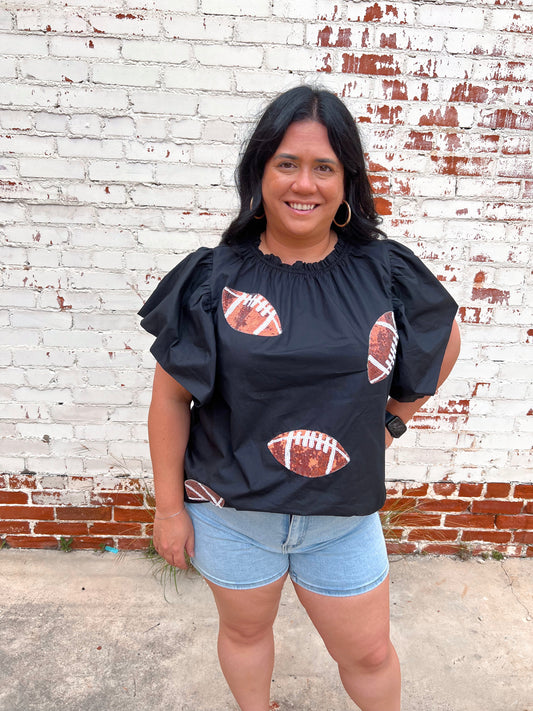 Football Sequin Patch Solid Poplin Blouse - Plus-BLOUSE TOP-oddi-10/11/24,1st md,Bin C3,Cr05/29/24,gameday,IT16963,Max Retail,OGP 49.99,Tops Collection-The Twisted Chandelier