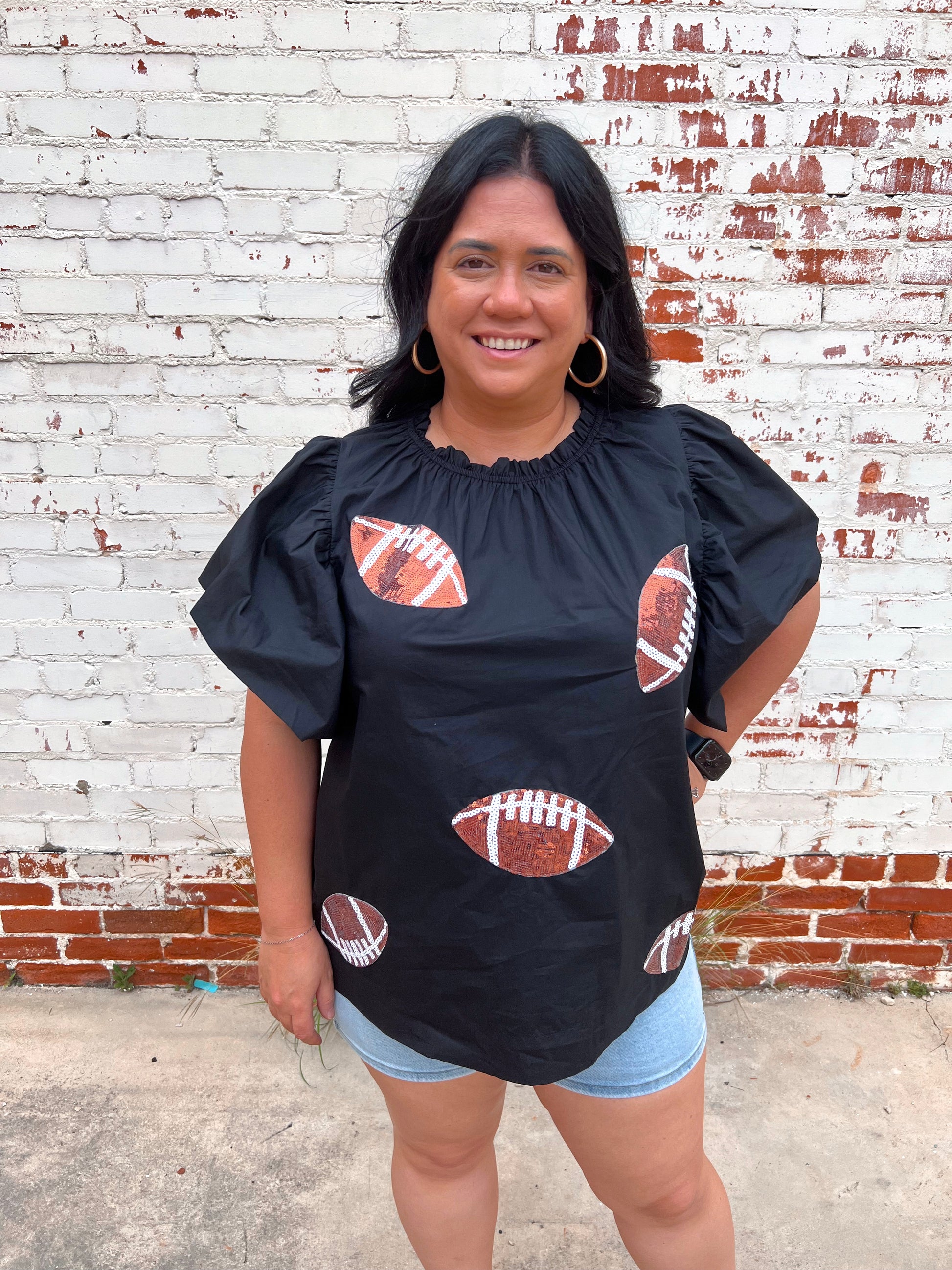 Football Sequin Patch Solid Poplin Blouse - Plus-BLOUSE TOP-oddi-10/11/24,1st md,Bin C3,Cr05/29/24,gameday,IT16963,Max Retail,OGP 49.99,Tops Collection-The Twisted Chandelier