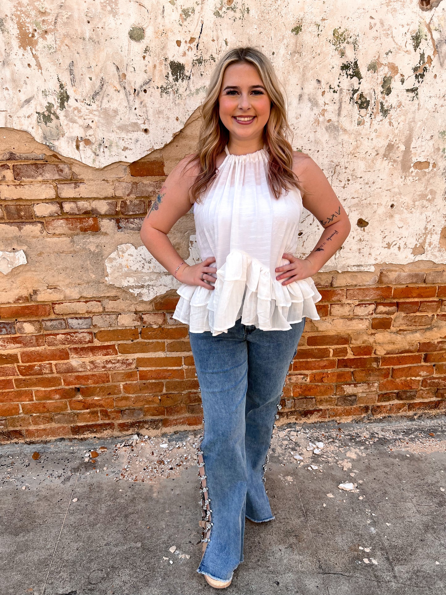 Mikayla Halter Ruffle Sleevless Blouse Top-Top-mazik-04/25,05/27/24,1st md,Bin a4,Max Retail,not on the floor only in the bins,Tops Collection-The Twisted Chandelier