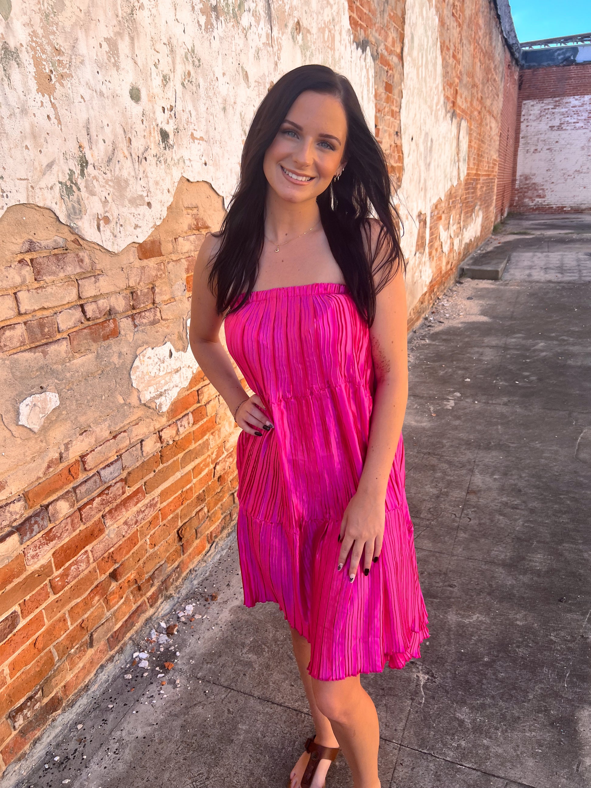 Kendall Pleated Versi Dress - Pink-Dresses-Southern Grace Wholesale-06/24/25,1st md,BIN A5,DJR,FD 01/07/25-The Twisted Chandelier