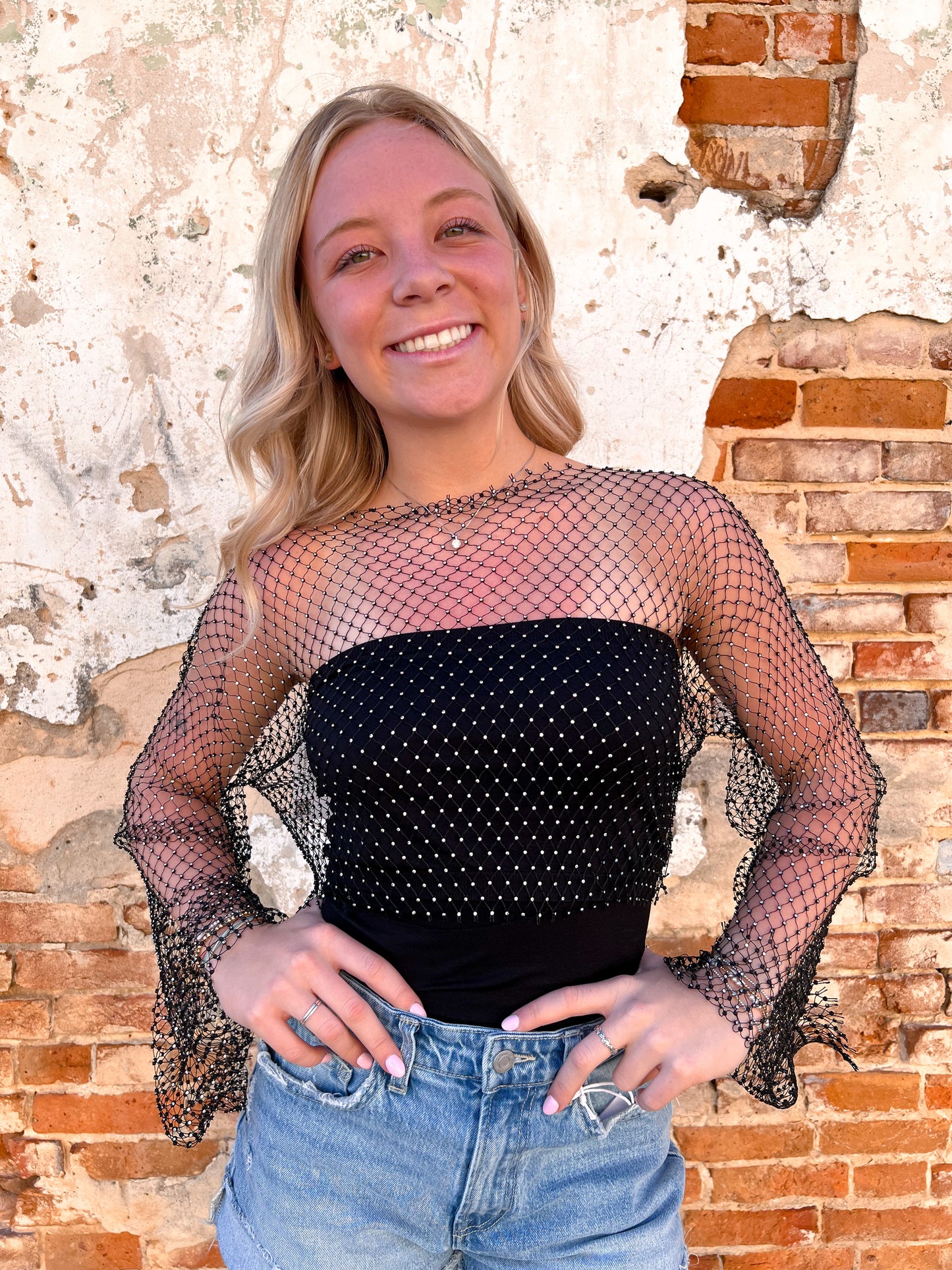 Rhinestone Embellished Fishnet Top - Black-Sheer Top-Sweetkama-10/04/25,Bin a6,FD 03/18/25,OGP 38.95,Tops Collection-The Twisted Chandelier