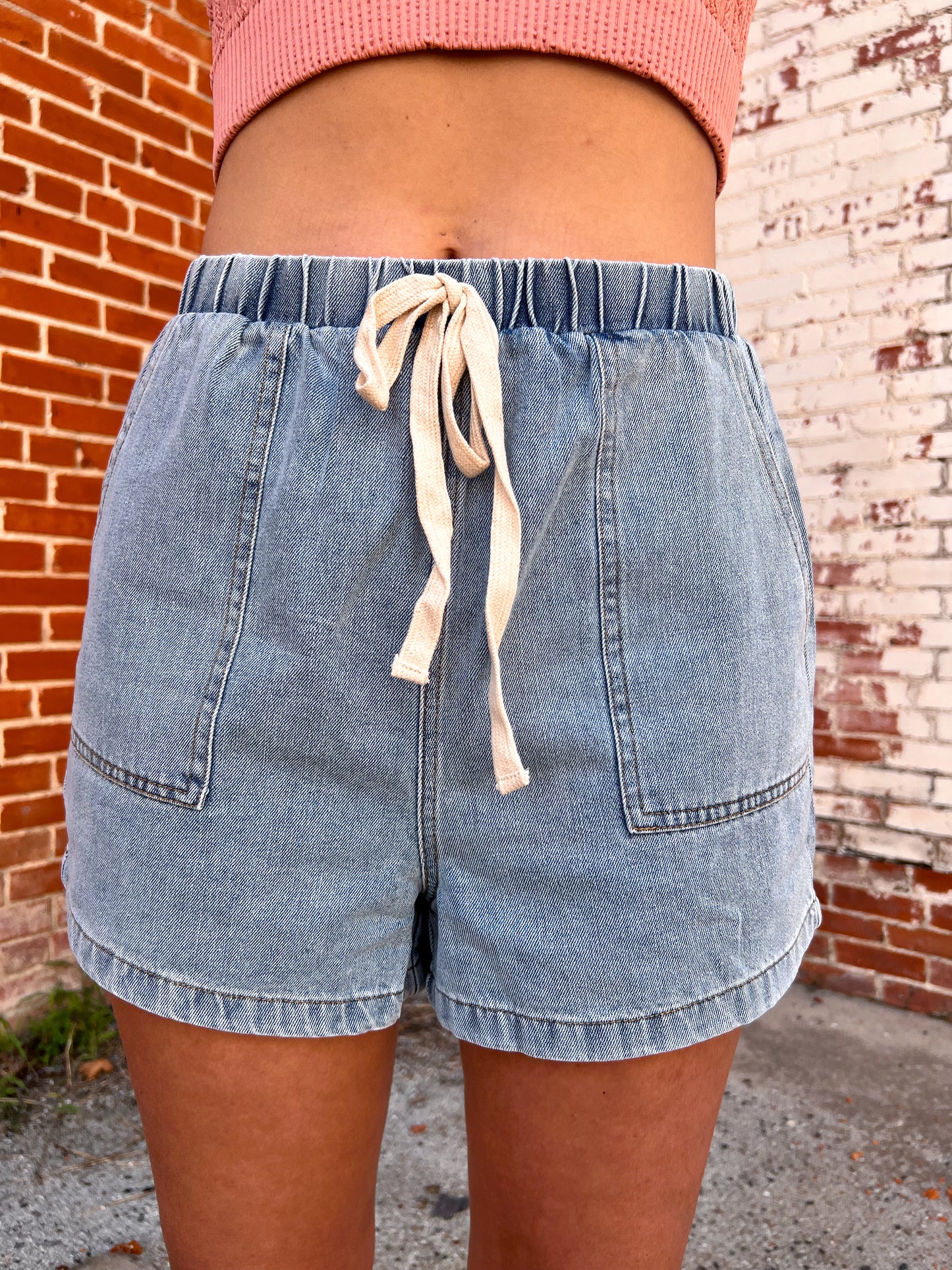 Brenda Washed Denim Shorts with Elastic Waist Band-She & Sky-06/30/25,1st md,Bin C5,FD 06/03/25,OGP 49.99,Shorts,SY8960-The Twisted Chandelier