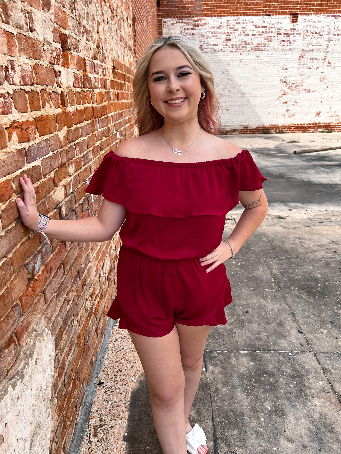 Mila Off The Shoulder Satin Romper-Romper-She & Sky-& Jumpsuits,08/18/24,1st md,DJR,Dresses,gameday,Max Retail,OGP 49.99,Rompers,SS8084-The Twisted Chandelier