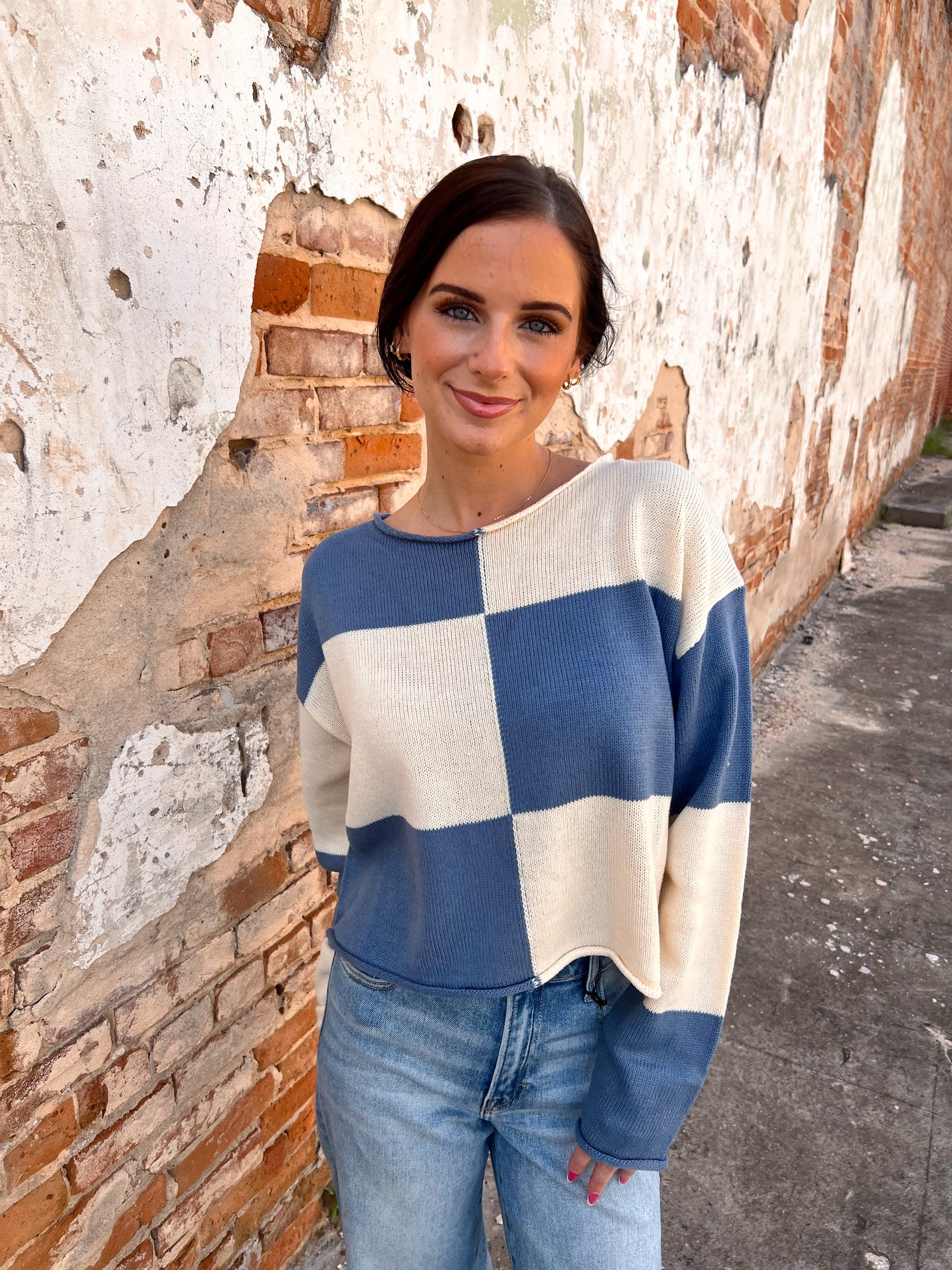 Paige Checkered Sweater Loose Fit Rolled Hem Sweater-La Miel-Bin a1,FD 09/09/25,Sweater,Tops Collection-The Twisted Chandelier