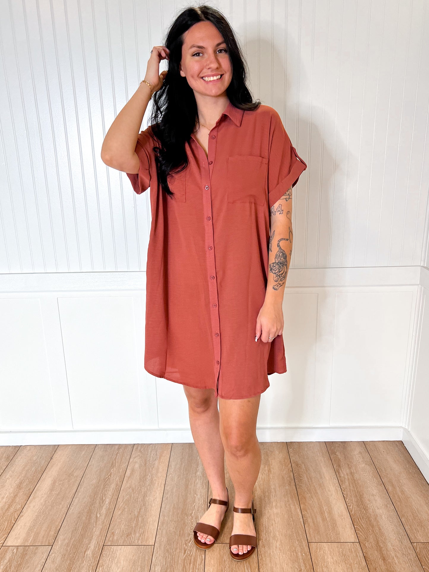 Bethany Button Up Woven Shirt Dress With Pockets-Dress-She & Sky-BIN D4,DJR,FD 08/19/25,OGP 58.99,SY6353R2-The Twisted Chandelier