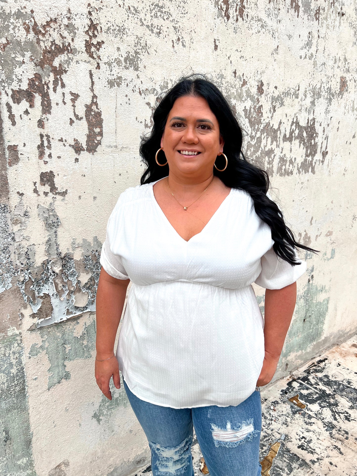 Kylie V-Neck Blouse Textured Baby Doll Top- Plus-BLOUSE TOP-Heyson-04/21/25,04/25,05/27/24,1st md,Max Retail,Tops Collection-The Twisted Chandelier