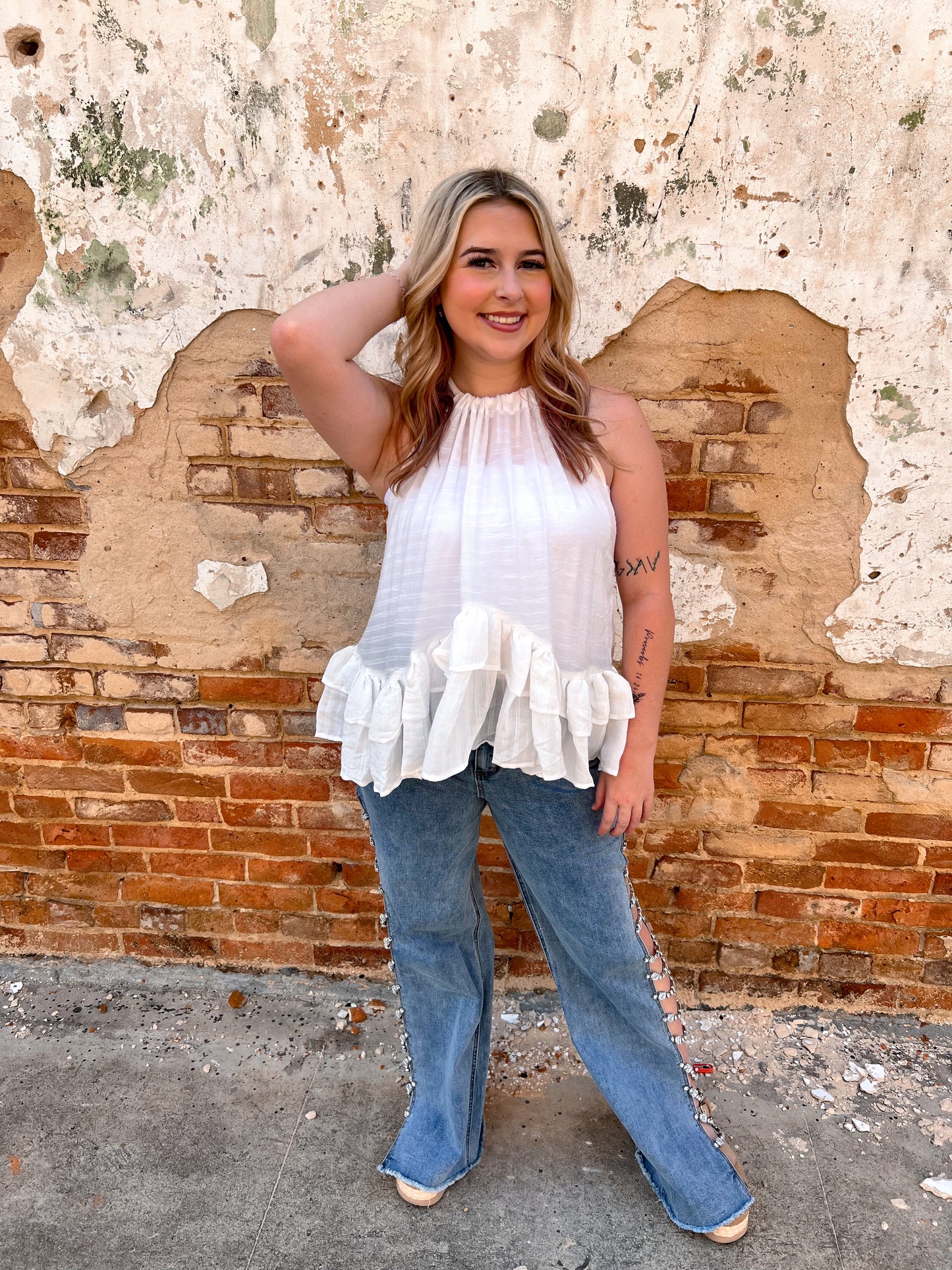 Mikayla Halter Ruffle Sleevless Blouse Top-Top-mazik-04/25,05/27/24,1st md,Bin a4,Max Retail,not on the floor only in the bins,Tops Collection-The Twisted Chandelier