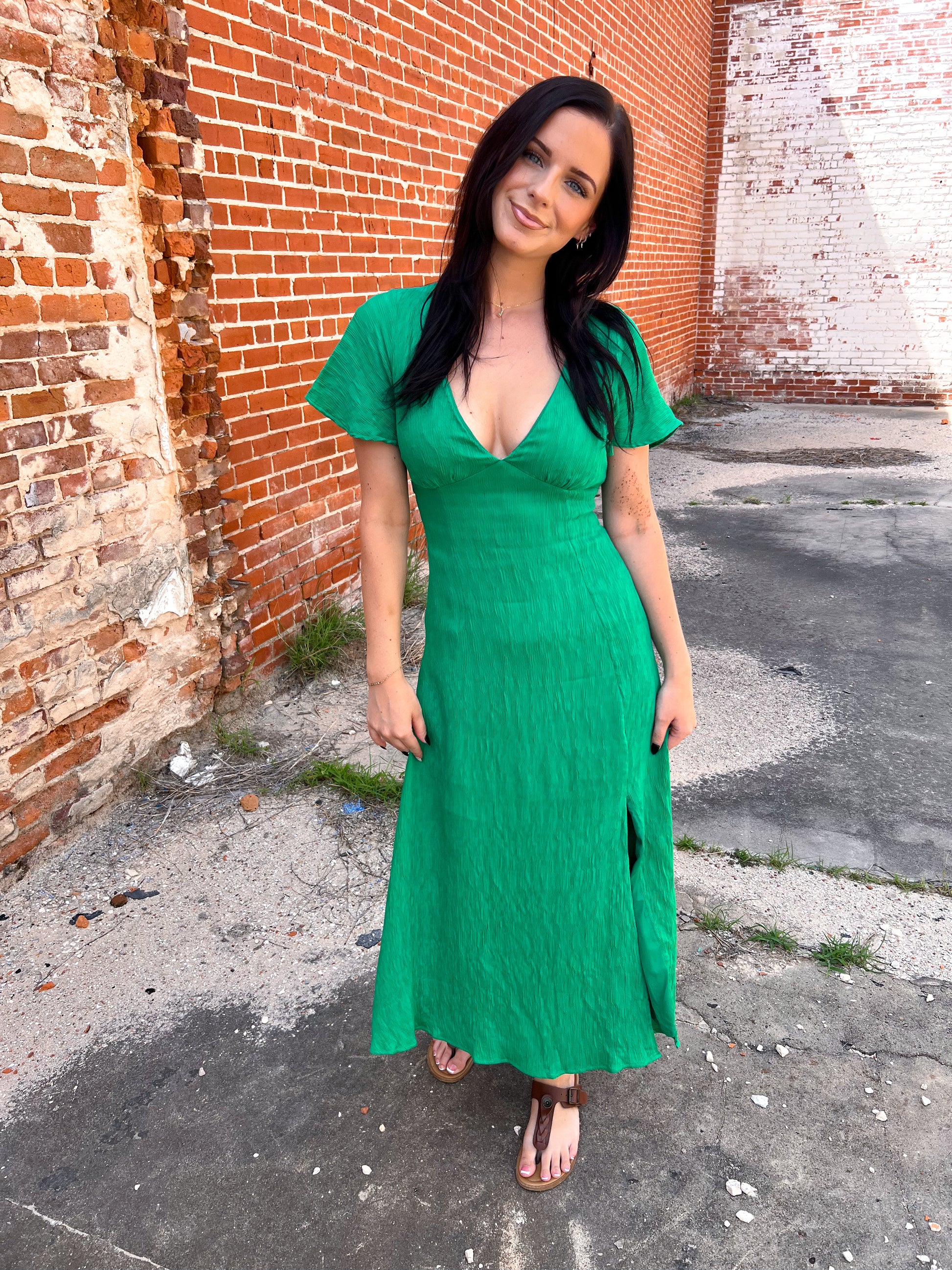 Viviana Long Green V-Neck Dress-Dresses-B. right-12/02/24,1st md,BIN A 3,CLD311097,DJR,Fd 05/21/24-The Twisted Chandelier